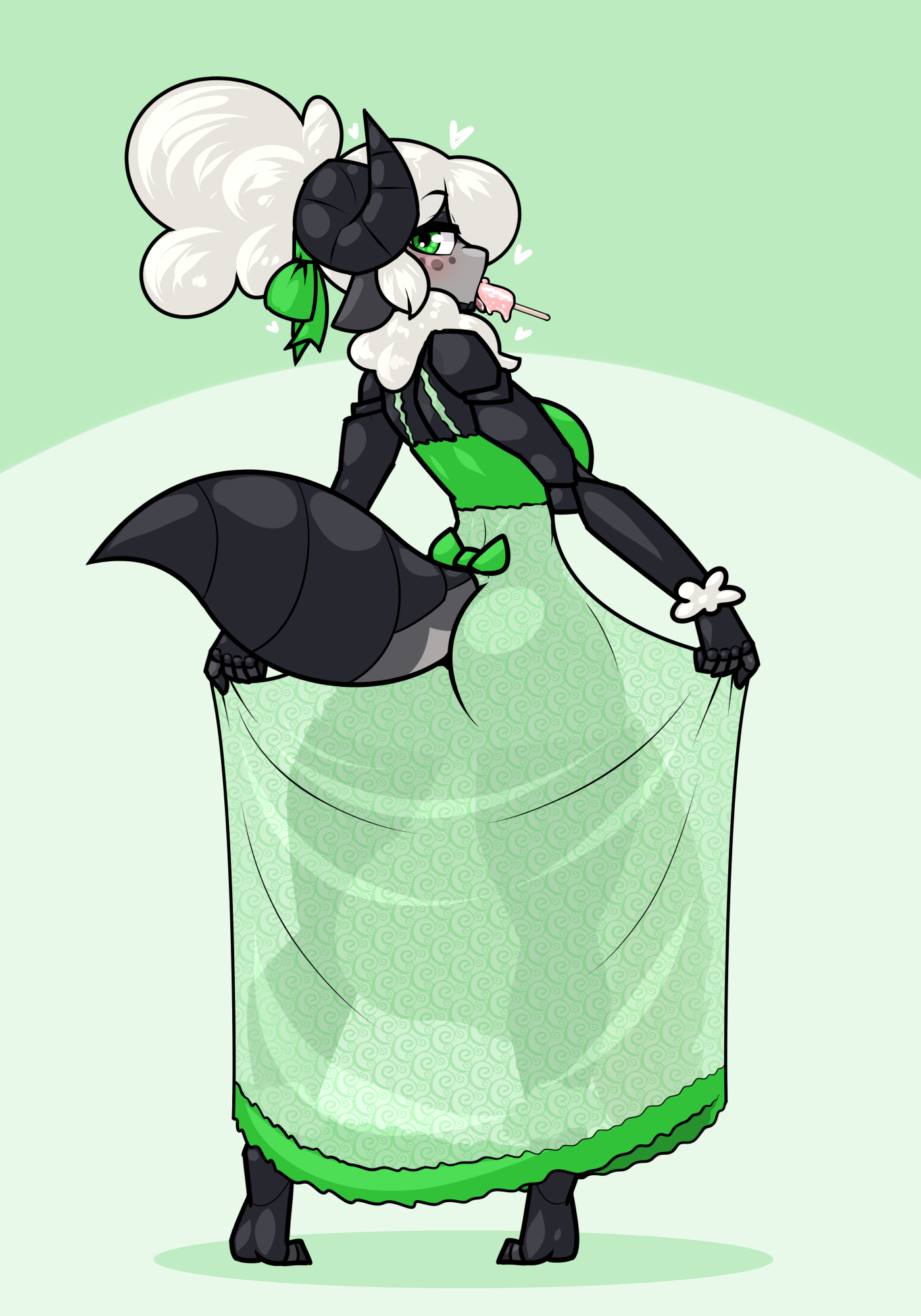 1futa, ass, backsack, balls, balls under clothes, ballsack, basalt (limebreaker), black horns, bottomless skirt, breasts, curled horns, curvy, fat cock, flaccid, furry, futa only, futa sans pussy, futanari, green dress, huge ass, huge balls, huge cock, huge testicles, hyper, hyper balls, hyper penis, ice cream, intersex, large breasts, limebreaker, looking at viewer, looking back, original, penis, penis under clothes, penis under skirt, popsicle, rape face, ridged horns, see-through, skirt, solo, taint, testicles, wide hips