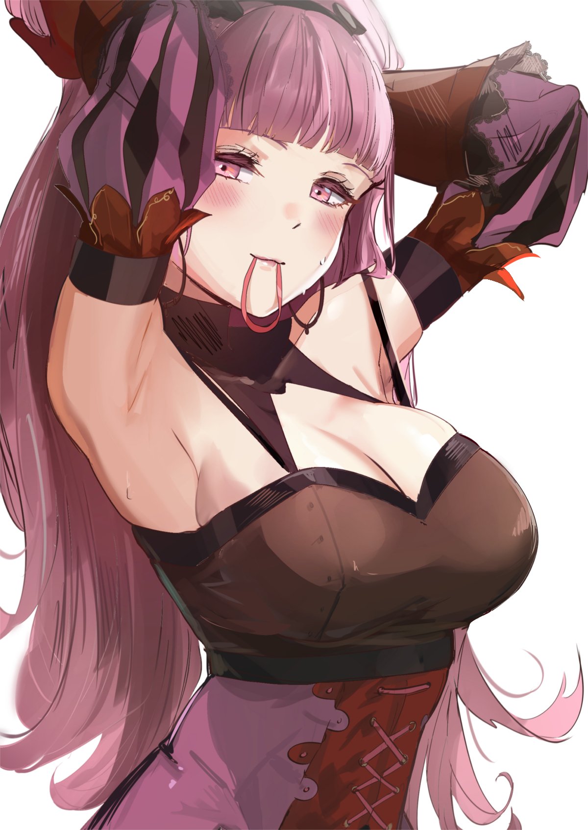 armpits, arms up, blush, breasts, cleavage, female, fire emblem, fire emblem: three houses, hilda valentine goneril, large breasts, looking at viewer, ormille, pink eyes, pink hair, ponytail, solo, tied hair