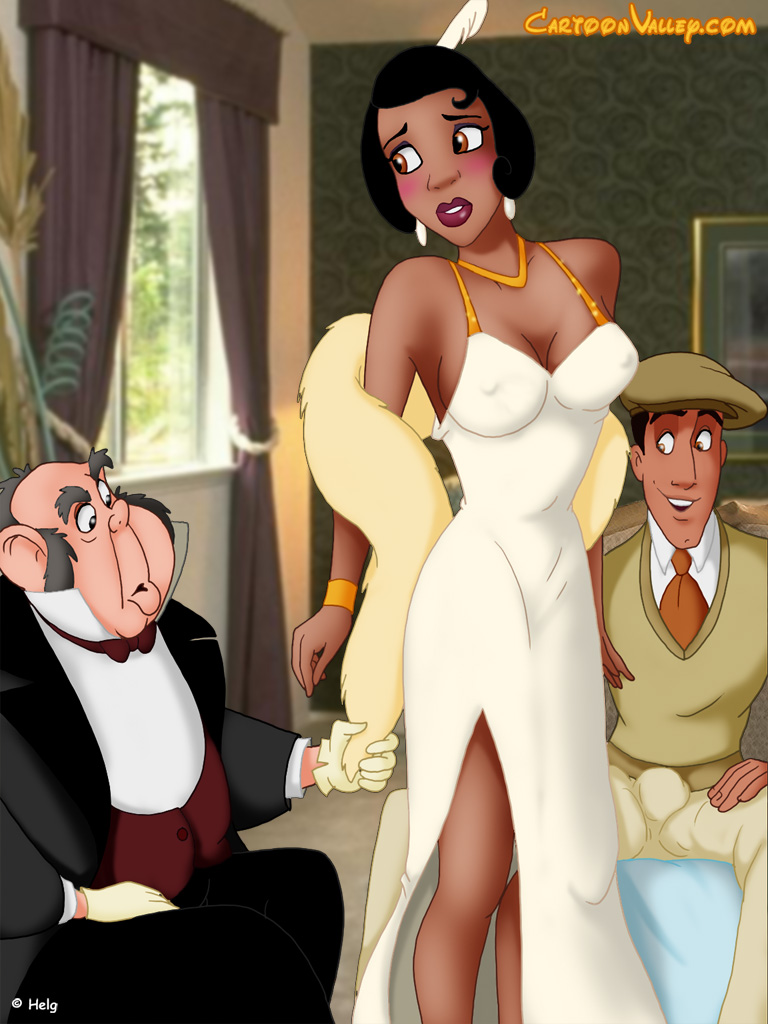 1girls 2boys blush bob_cut bulge butler cartoonvalley.com disney disney_princess embarrassed flapper helg lawrence_(the_princess_and_the_frog) nipples_visible_through_clothing prince_naveen pubic_hair the_princess_and_the_frog tiana