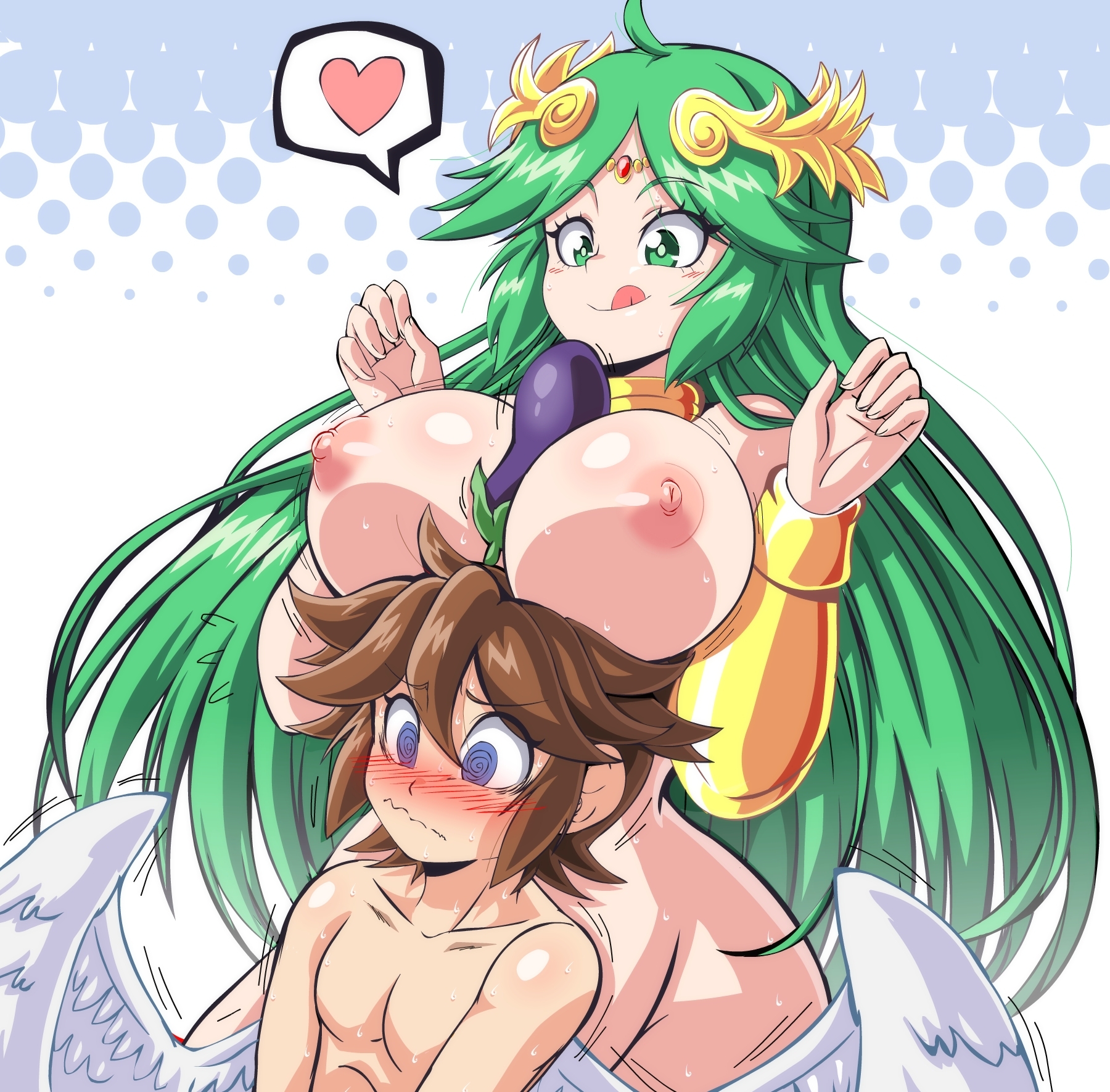 1boy, 1girls, armwear, big breasts, blue eyes, blush, breasts, breasts on head, brown hair, eggplant, female, green eyes, heart, kid icarus, larger female, lewdamone, long hair, male, nintendo, paizuri, palutena, pit (kid icarus), short hair, spiral eyes, sweat, tiara, tongue