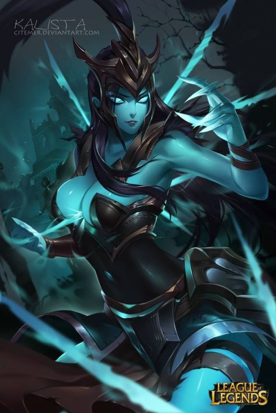 armor black_hair blue_eyes blue_skin breasts citemer clothed dark_hair kalista league_of_legends long_hair spears spread_legs