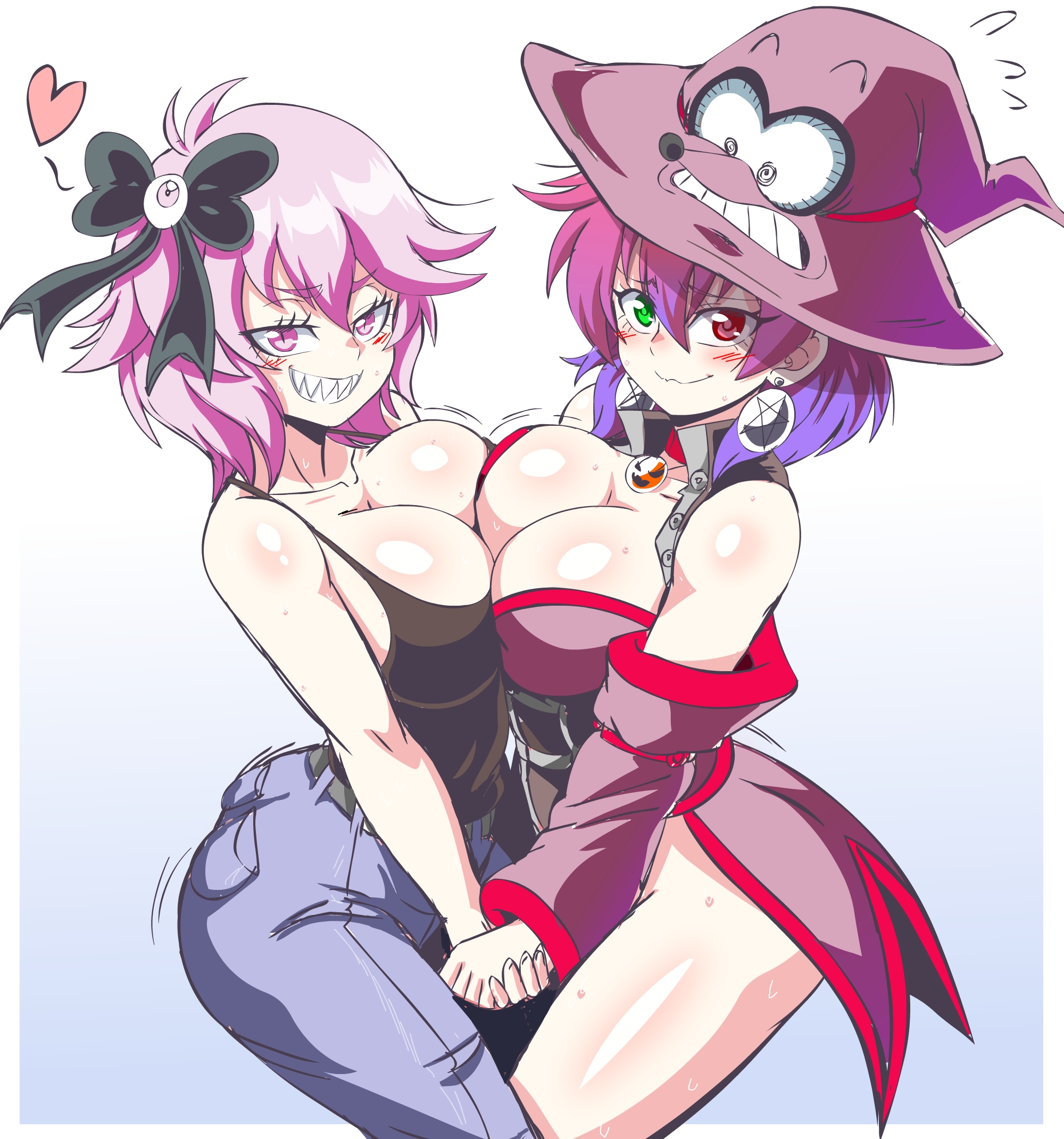 2girls, ass, asymmetrical docking, big ass, big breasts, breast press, breasts, cleavage, female, female only, large breasts, lewdamone, looking at viewer, original character, yuri