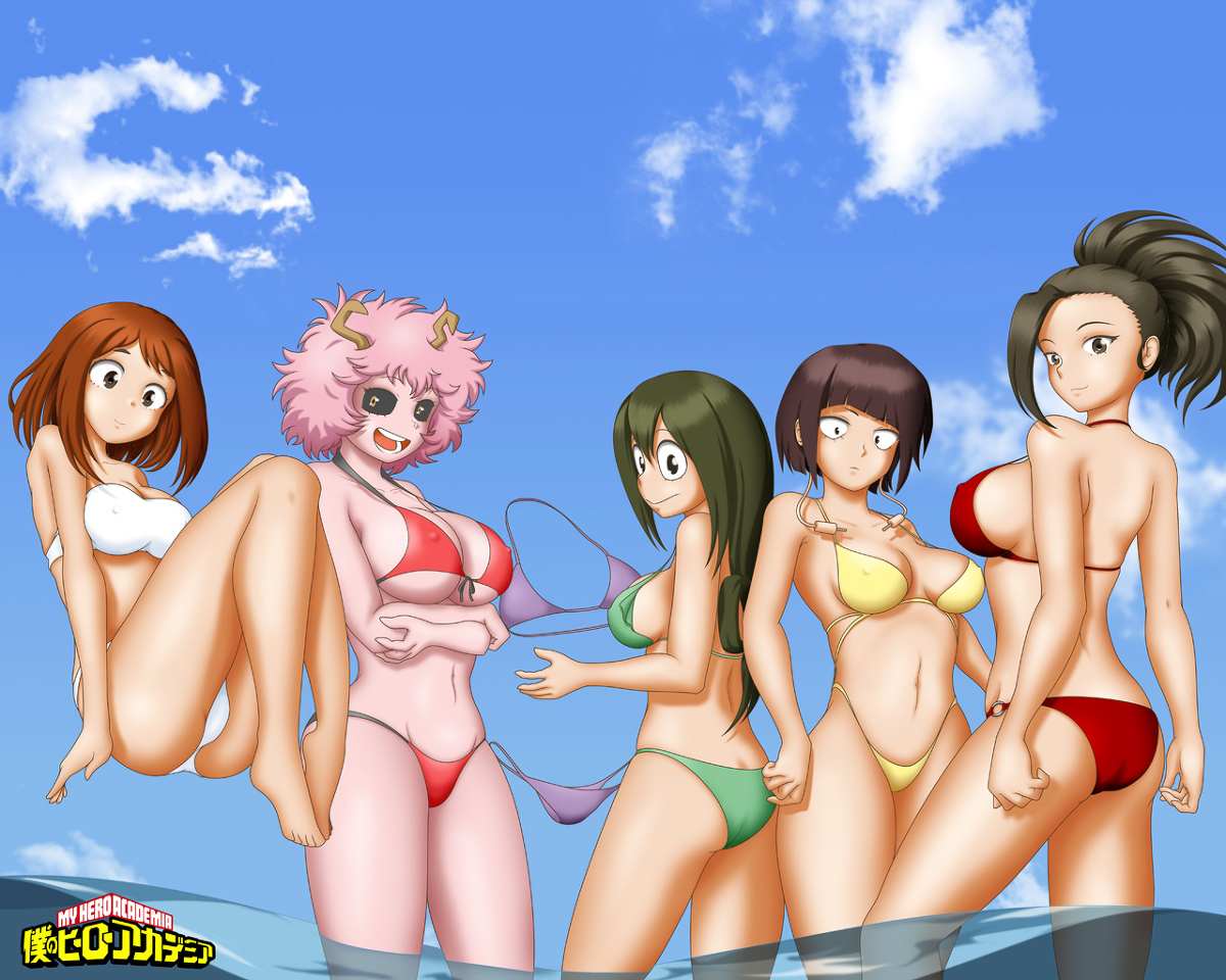 6+girls, 6girls, bikini, black hair, black-haired female, breasts, brown hair, brown-haired female, female, female only, floating, green hair, green-haired female, hagakure tooru (invisible), horns, kyoka jiro, looking at viewer, mina ashido, momo yaoyorozu, multiple females, multiple girls, my hero academia, ochako uraraka, pink hair, pink skin, pink-haired female, purple hair, purple-haired female, smile, tooru hagakure, tooru hagakure (invisible), tsuyu asui, water