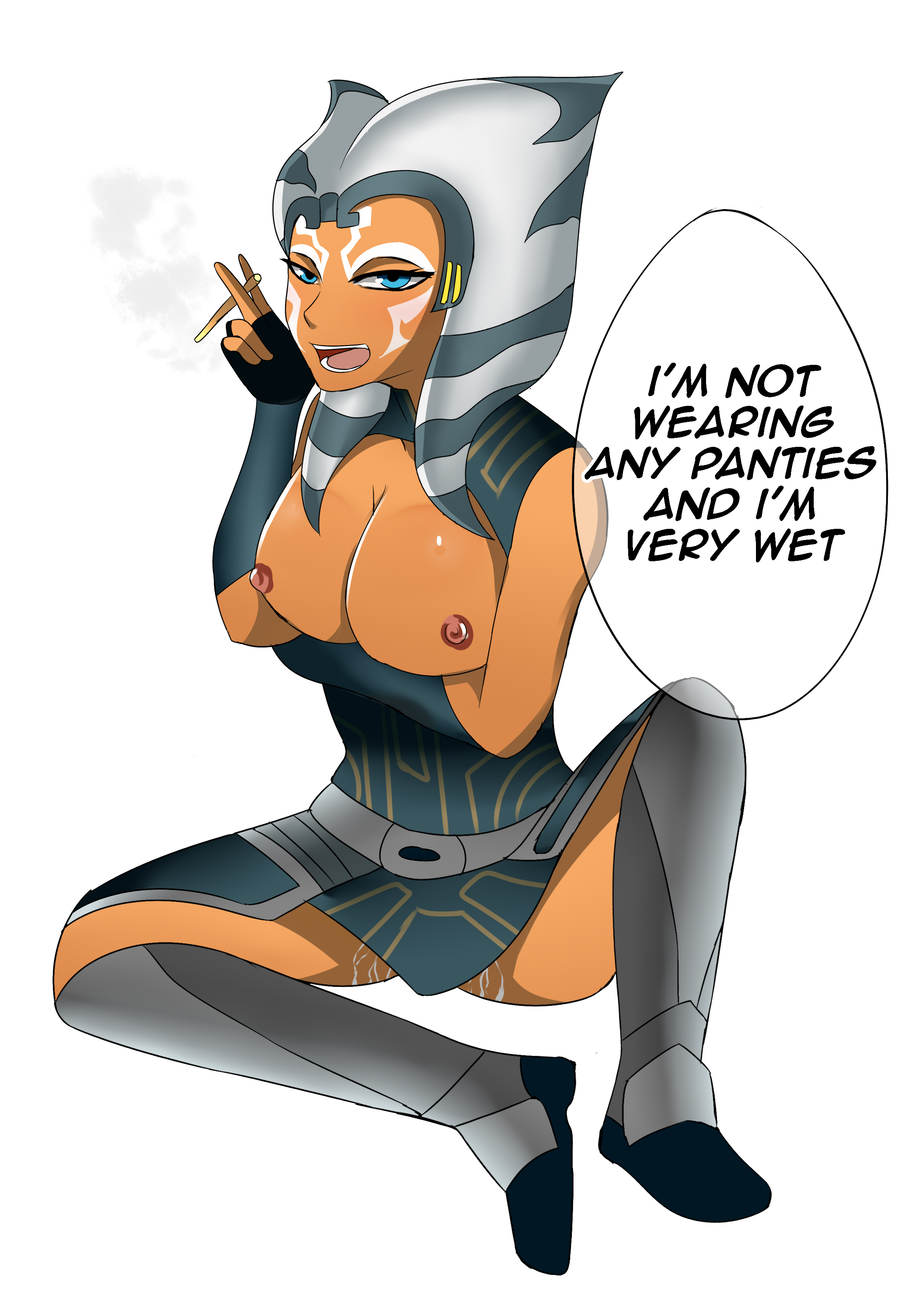 1girls, ahsoka tano, breasts, clone wars, exposed breasts, female, female only, muhammadrahmady, pussy, smoking, solo, star wars, tagme, text, the clone wars: season seven, togruta, wet pussy