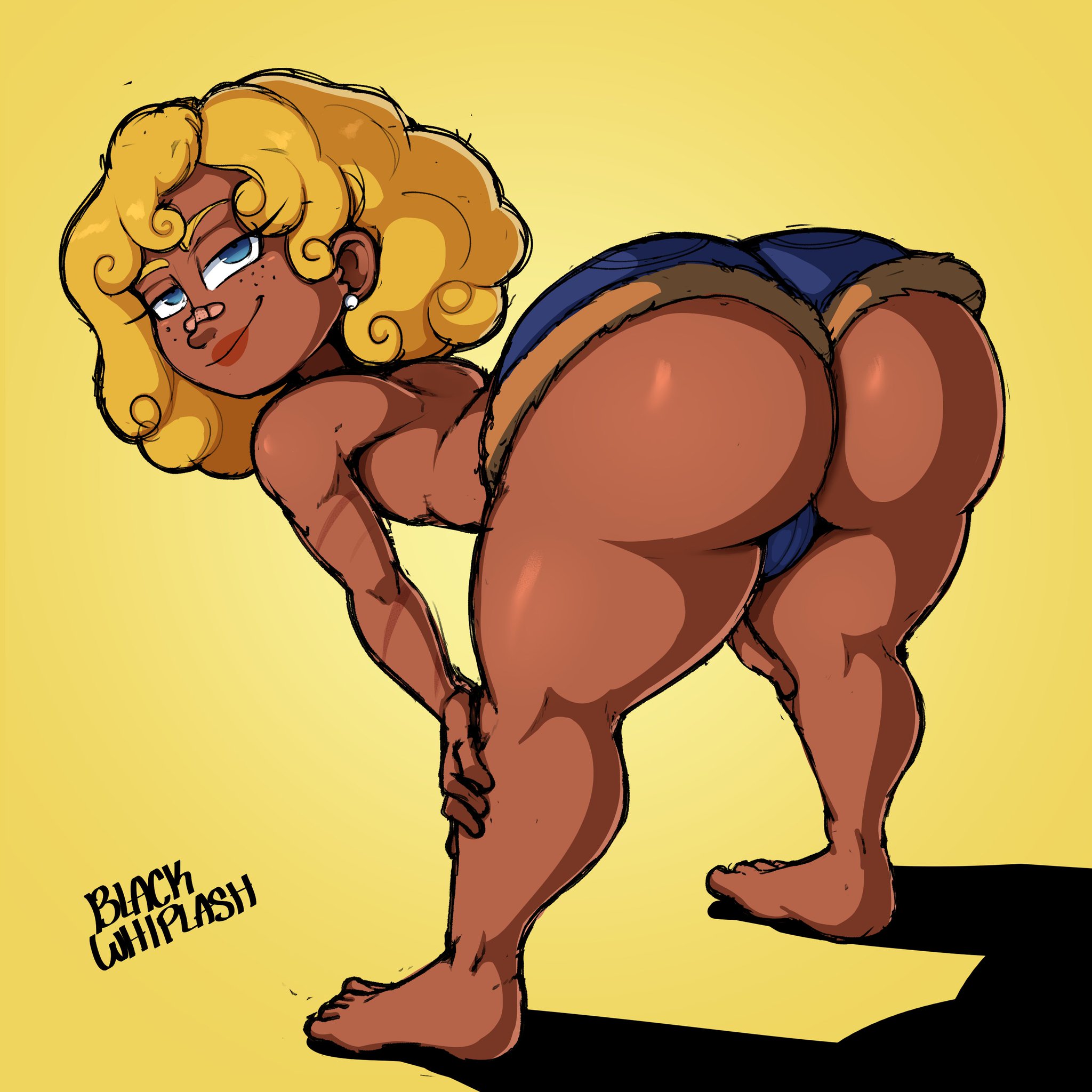 1boy, ass, bending over, big ass, big ass (male), blackwhiplash, blonde hair, character request, dark skin, dark-skinned femboy, dark-skinned male, earrings, femboy, looking at viewer, looking back, male, male only, original, original character, short shorts, solo, tagme, thick thighs, topless, wide hips