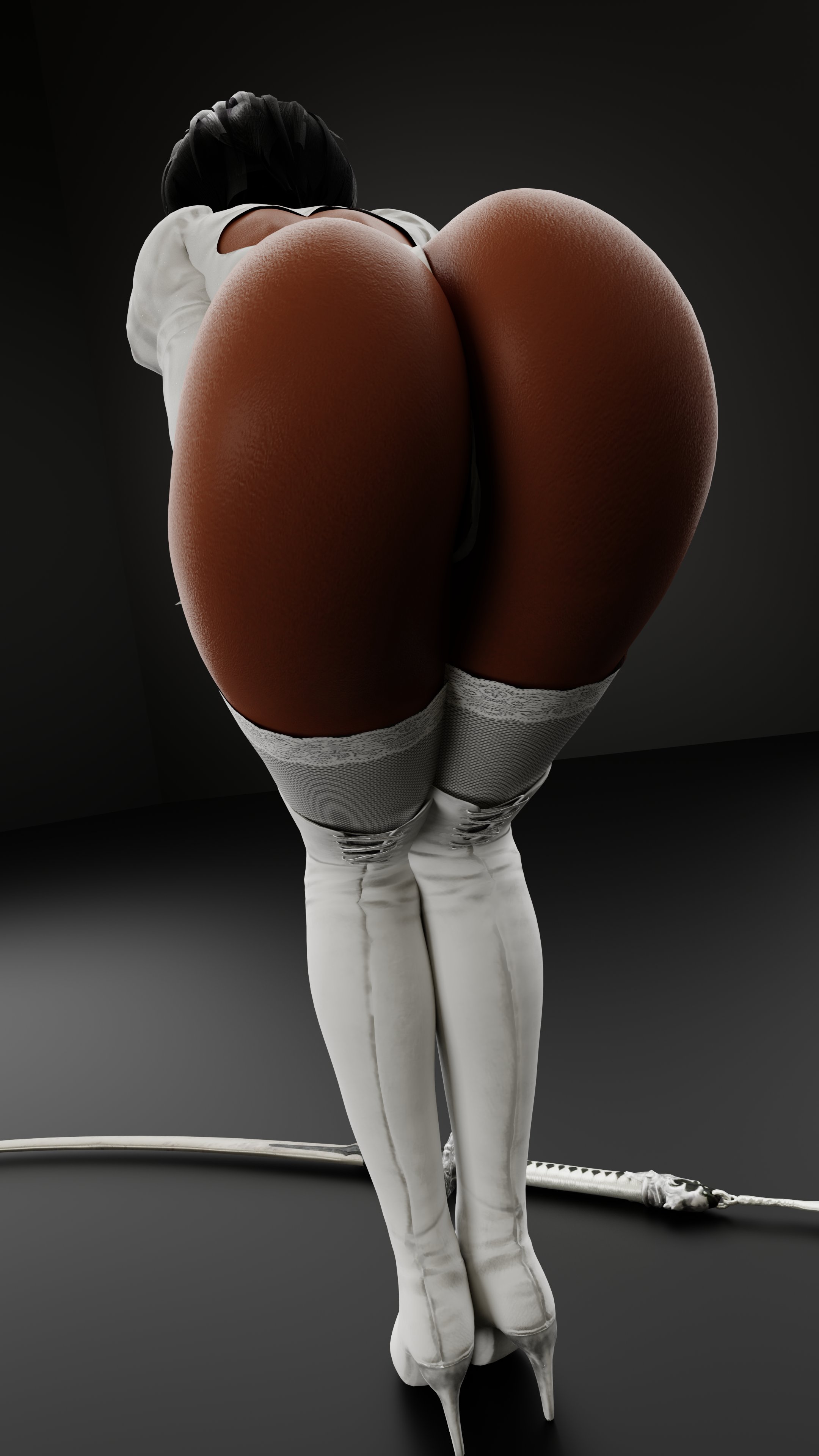 1girls, 3d, 4k, absurdres, alternate costume, ass, bent over, big ass, cpt-flapjack, dark skin, dark-skinned female, female, female only, highres, nier, nier: automata, solo, thighhighs, yorha 2p