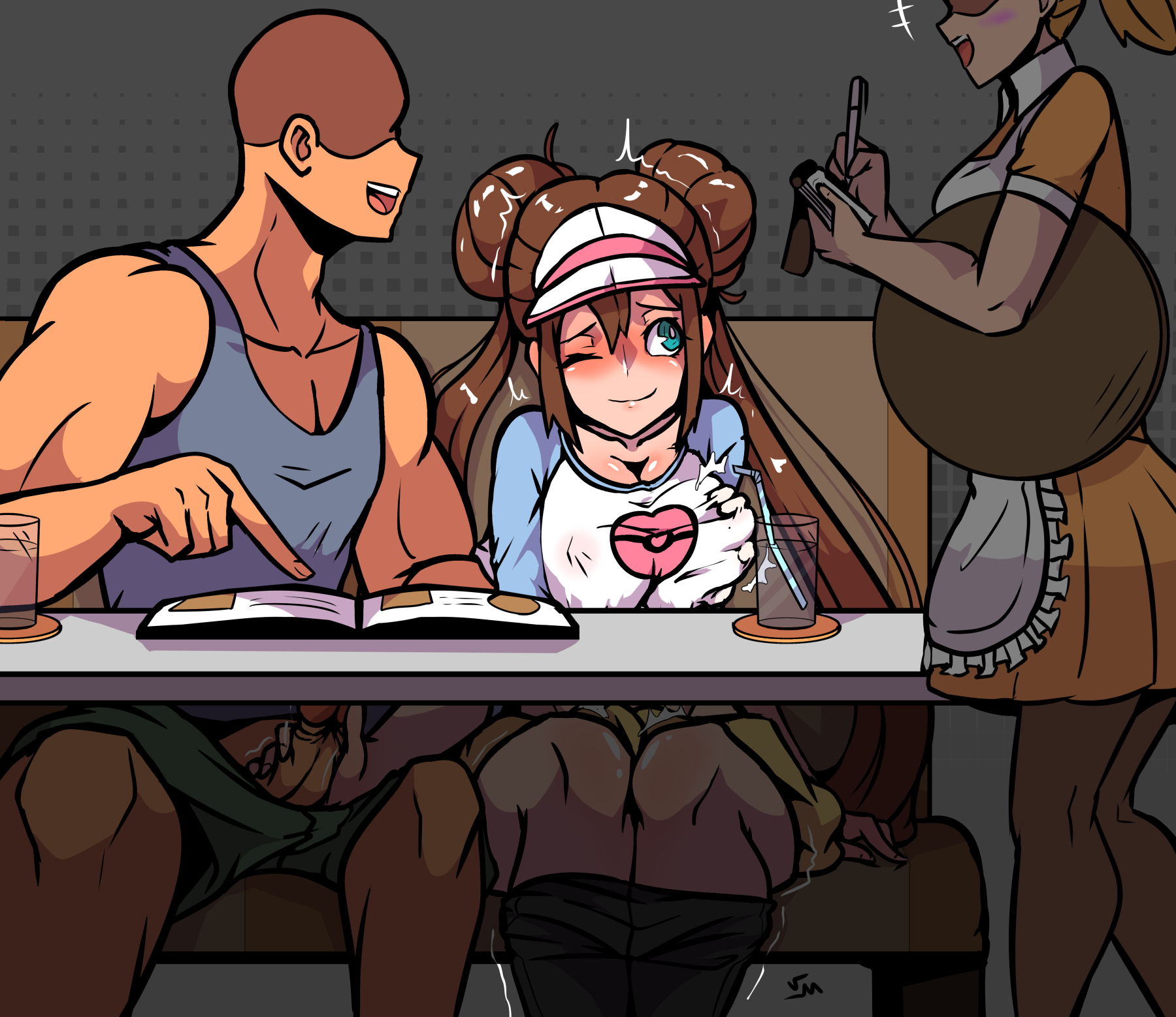 1boy, 2girls, big breasts, blonde hair, blush, boots, breast grab, breasts, brown hair, double bun, erection, faceless male, female, glass, groping, handjob, human, light skin, light-skinned female, light-skinned male, male, nintendo, one eye closed, pale skin, pale-skinned female, pale-skinned male, penis, pokemon, pokemon bw, pokemon bw2, public sex, rosa (pokemon), shorts, thick thighs, trembling, twintails, under the table, verymediocre