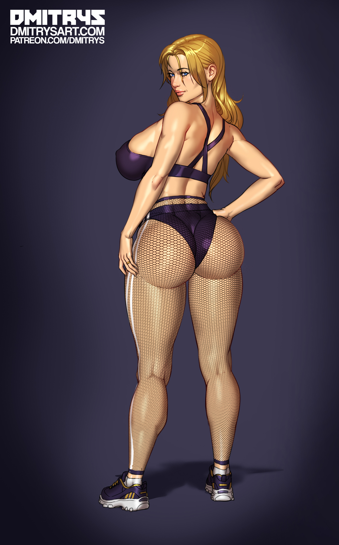 1girls, ass, big ass, big breasts, blonde hair, blue eyes, breasts, bubble ass, bubble butt, debbie bascomb, dmitrys, female, female only, fishnet stockings, from behind, full body, huge ass, large breasts, looking at viewer, looking back, married, mature female, milf, sportswear, standing, tagme, thick thighs, wedding band