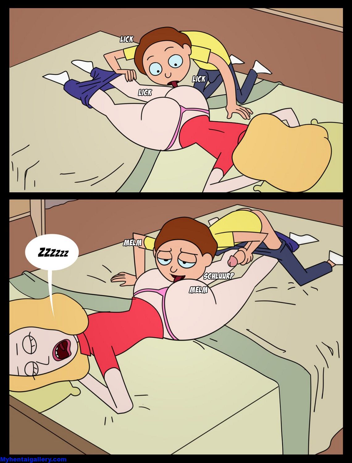 1boy, 1girls, age difference, alcohol, bed, beth smith, blonde hair, bottle, clothed, comic, drunk, english text, erection, female, holding penis, incest, licking, licking ass, male, morty smith, mother, mother and son, panties, pants down, penis, rick and morty, sleeping, speech bubble, text, wine, wine bottle