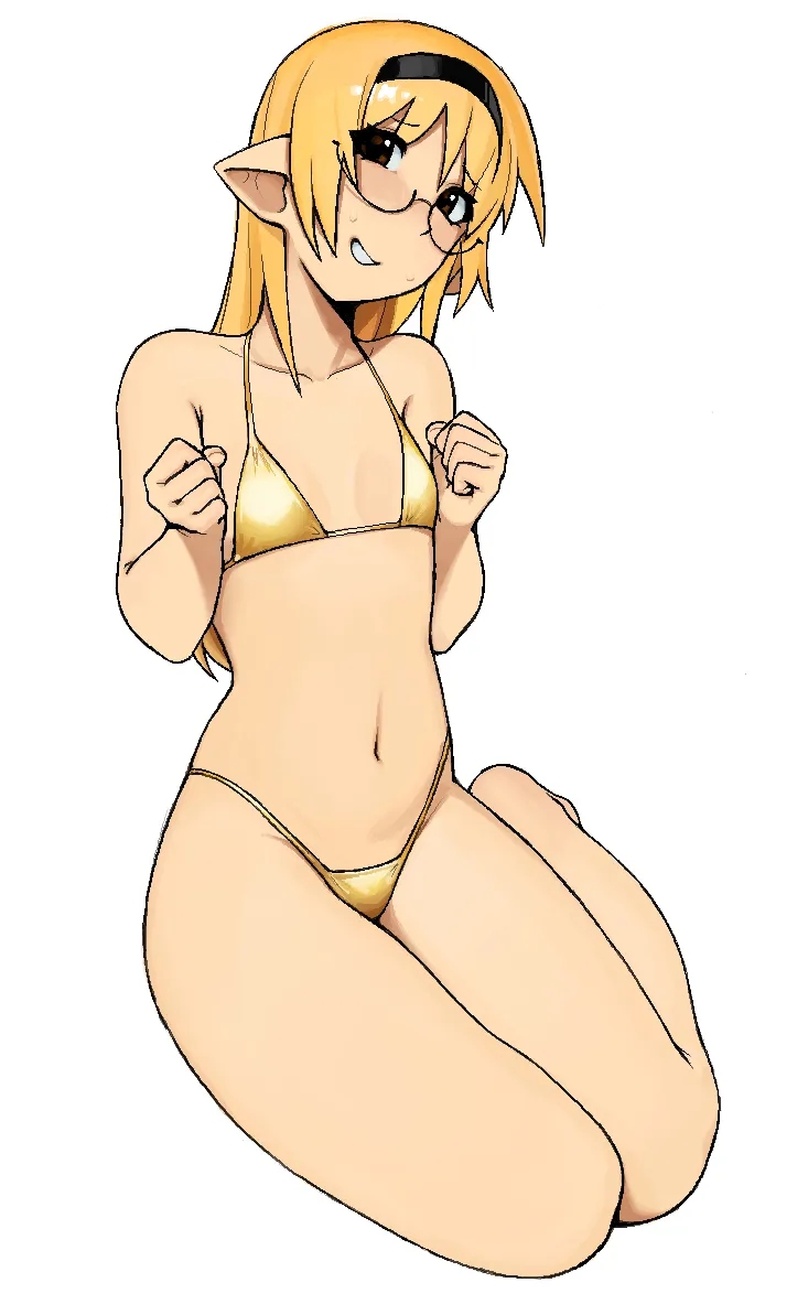 1girls, 2d, 2d (artwork), 2d artwork, almost naked, almost nude, background, bare arms, bare belly, bare calves, bare chest, bare hands, bare hips, bare knees, bare legs, bare midriff, bare navel, bare shoulders, bare skin, bare soles, bare thighs, bare toes, barefoot, belly, belly button, bikini, bikini bottom, bikini only, bikini top, black eyes, black hairband, black-eyed female, blank background, blonde, blonde female, blonde hair, blonde hair female, blonde-haired female, breasts, calves, circle glasses, circular glasses, collarbone, digital, digital art, digital drawing, digital drawing (artwork), digital media, digital media (artwork), drawing, elbows, exposed, exposed arms, exposed belly, exposed chest, exposed hips, exposed legs, exposed midriff, exposed navel, exposed shoulders, exposed skin, exposed thighs, exposed toes, eyebrows visible through hair, feet, female, female focus, female only, fingers, flat belly, flat breasts, flat chest, flat chested, from front, front view, full body view, glasses, glasses on face, glasses on head, gold bikini, gold bikini bottom, gold bikini top, gold micro bikini, gold string bikini, gold swimsuit, gold swimwear, groin, hairband, halterneck, head tilt, hourglass figure, inguinal crease, inguinal ligament, knees, lean figure, legs, legs closed, legs together, long hair, looking at viewer, micro bikini, midriff, monotone background, mostly nude, naked, naked female, naked woman, narrow waist, navel, nearly nude, nervous, nervous expression, nervous face, nervous female, nervous smile, no shoes, nude, nude female, nudity, oc, one color background, original, original art, original artwork, original character, original characters, parted lips, petite, petite body, petite breasts, petite female, petite girl, petite tits, plain background, pointy ears, portrait, posing, posing for the viewer, posing naked, posing nude, practically nude, round glasses, shoulders, shy, shy expression, shy female, shy girl, shy smile, sitting, skimpy bikini, slender body, slender waist, slim female, slim waist, small bikini, small boobs, small breasts, small tits, smile, smiley face, smiling, smiling at viewer, smooth chest, solid color background, solo, string bikini, swimsuit, swimwear, thick thighs, thighs, thighs together, thong bikini, tilted head, tiny breasts, tiny tits, white background, wide hips, yellow hair, yellow-haired female, yirtios
