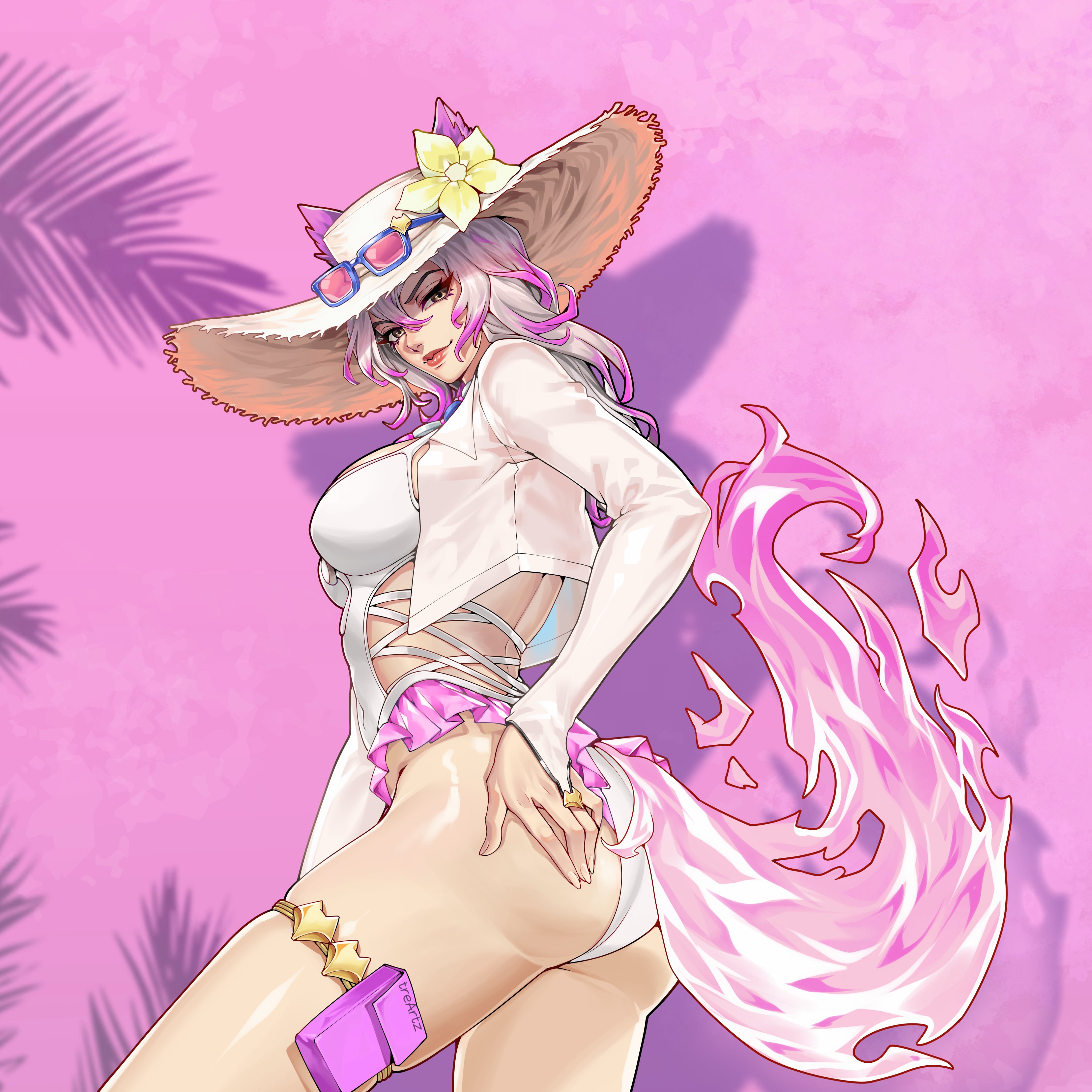 2d, 2d (artwork), animal ears, animal tail, asian, asian female, ass, ass focus, beach hat, big ass, breasts, feet out of frame, fox ears, fox girl, fox tail, hand on ass, hat, korean, korean female, kumiho, large breasts, light skin, light-skinned female, lipstick, long hair, looking at viewer, marvel, marvel rivals, multicolored hair, official alternate costume, one-piece swimsuit, smile, solo, sunglasses, swimsuit, tail, treartz, video games, white fox (coastal kumiho), white fox (marvel rivals), white fox (marvel), white hair, white hat, white one-piece swimsuit, white swimsuit
