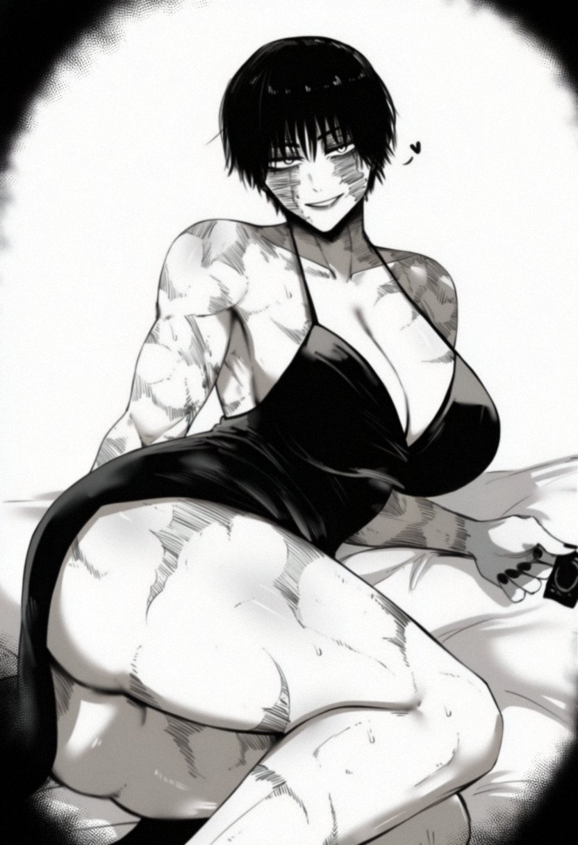 2d, 2d (artwork), big ass, big breasts, burn scar, condom, dress, inviting, jujutsu kaisen, lying, monochrome, rethoven, sweat, sweating, tagme, tomboy, zenin maki
