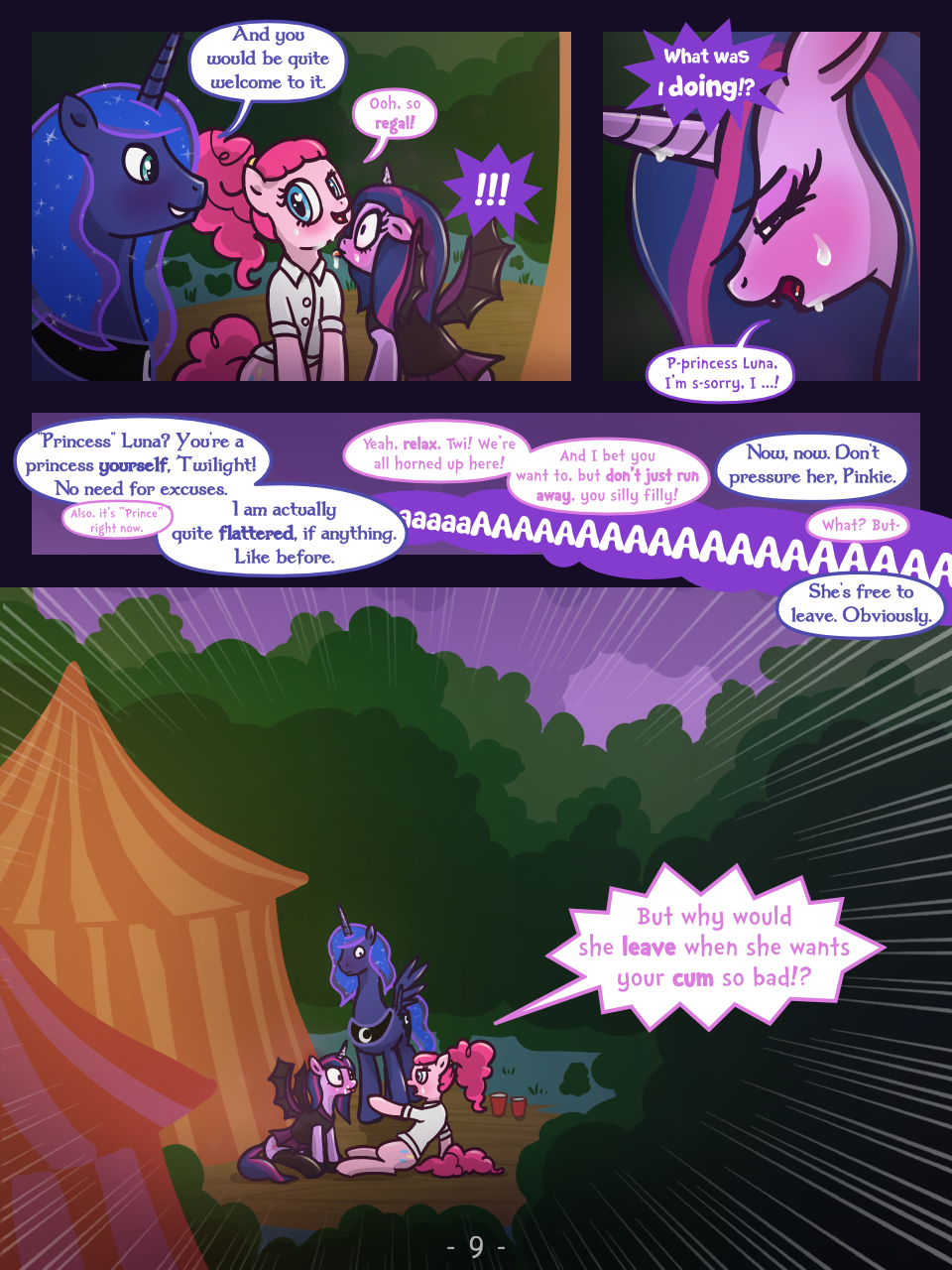 3:4 bodily_fluids comic cum cum_on_face dialogue english_text equid female feral friendship_is_magic furry genital_fluids group hi_res male mammal my_little_pony night outside page_9 pinkie_pie_(mlp) prince_artemis_(mlp) princess_luna_(mlp) rule_63 syoee_b tent text twilight_sparkle_(mlp)