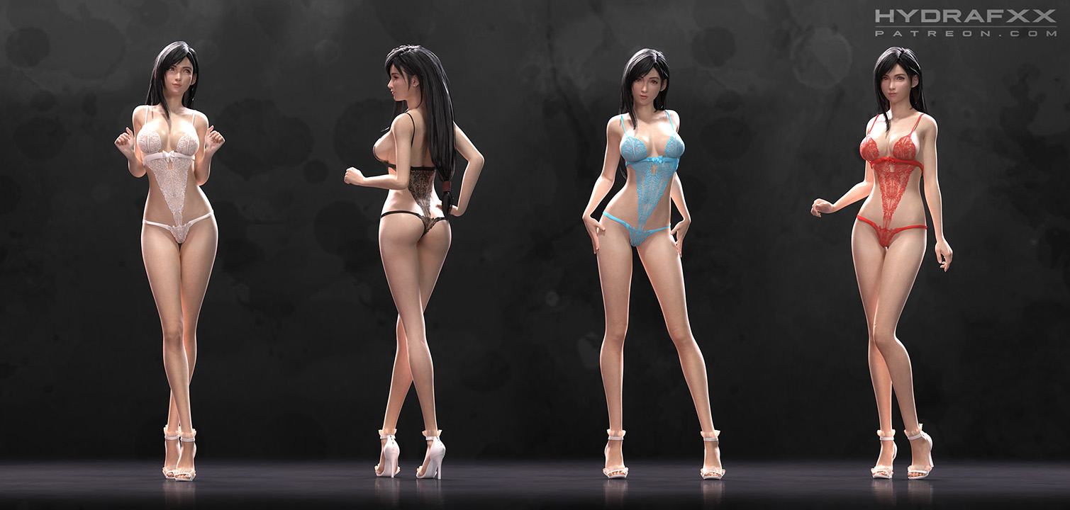 1girls, 3d, ass, breasts, cleavage, female, female only, final fantasy, final fantasy vii, hydrafxx, model sheet, one-piece swimsuit, solo, swimsuit, tifa lockhart