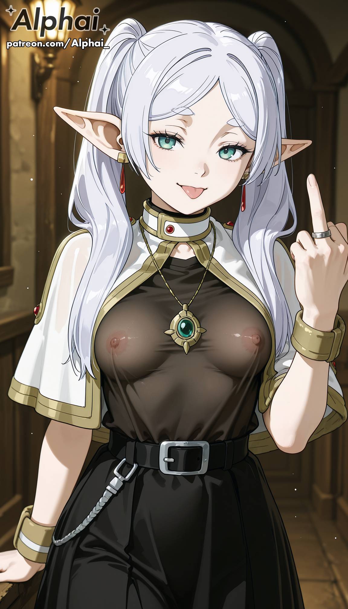 1girl, 2025, 2026, 4k, absurd res, absurdres, ai, ai art, ai assisted, ai created, ai generated, ai-created, ai-generated, alphai, anime, belt, blushing, boobs, bracelet, breasts, bust, chest, cinematic lighting, close-up, colorful background, depth of field, detailed hair, detailed skin, detailled background, dramatic shadows, ear piercing, earrings, elf, exposed nipples, eyelashes, eyeliner, female, female face, female only, flat chest, frieren, frieren (sousou no frieren), frieren beyond journey's end, green eyes, high quality, high resolution, highres, hoop earrings, jewelry, long hair, middle finger, naughty face, necklace, nipples, nipples visible through clothes, particles, patreon, patreon link, patreon url, patreon username, petite, petite breasts, piercing, pointed ears, pointy ears, raised eyebrows, ring, seductive eyes, see-through, see-through clothes, short stature, skindentation, skinny, slender, small breasts, solo, sousou no frieren, thin, tongue, tongue out, twintails, volumetric lighting, watermark, white hair
