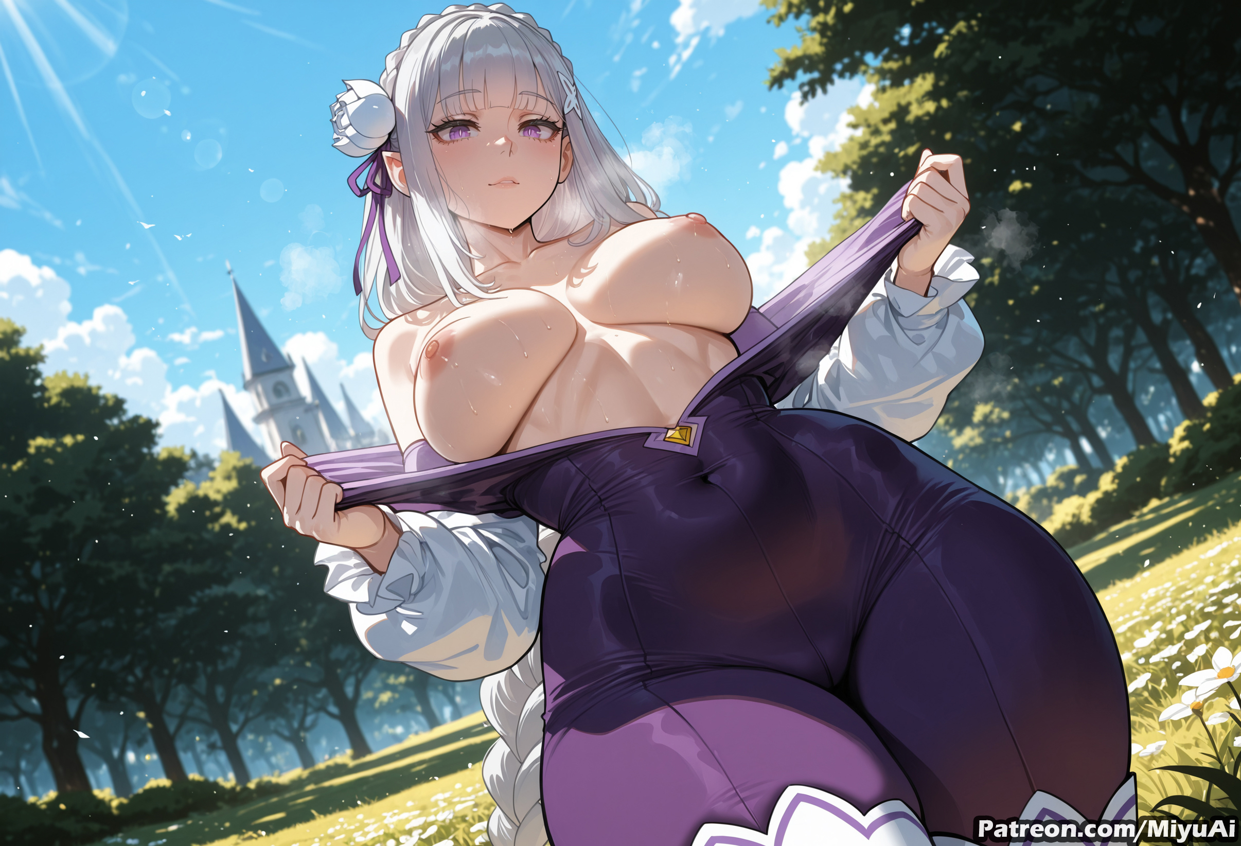 1girl, ai assisted, ai generated, bangs, bare shoulders, blush, braid, breasts, cloud, curvaceous, curvy, curvy female, curvy figure, day, emilia (re:zero), eyebrows visible through hair, female, flower, french braid, hair flower, hair ornament, hair ribbon, large breasts, long hair, long sleeves, looking at viewer, miyuai, nipples, outdoors, pointy ears, purple eyes, re:zero kara hajimeru isekai seikatsu, ribbon, silver hair, sky, solo, thick, thick ass, thick butt, thick hips, thick legs, thick thighs, tree, undressing, very long hair, voluptuous, voluptuous female, wide hips, wide thighs