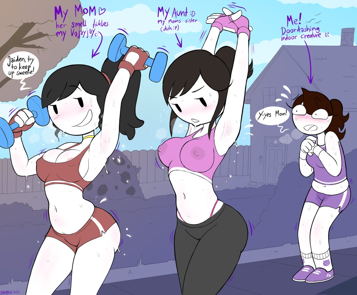 3girls armpits aunt_and_niece exercise exercise_clothing female female_only jaiden jaiden_animations jaidens_aunt jaidens_mom mother_and_daughter nipples_visible_through_clothing outdoors shadman sweat