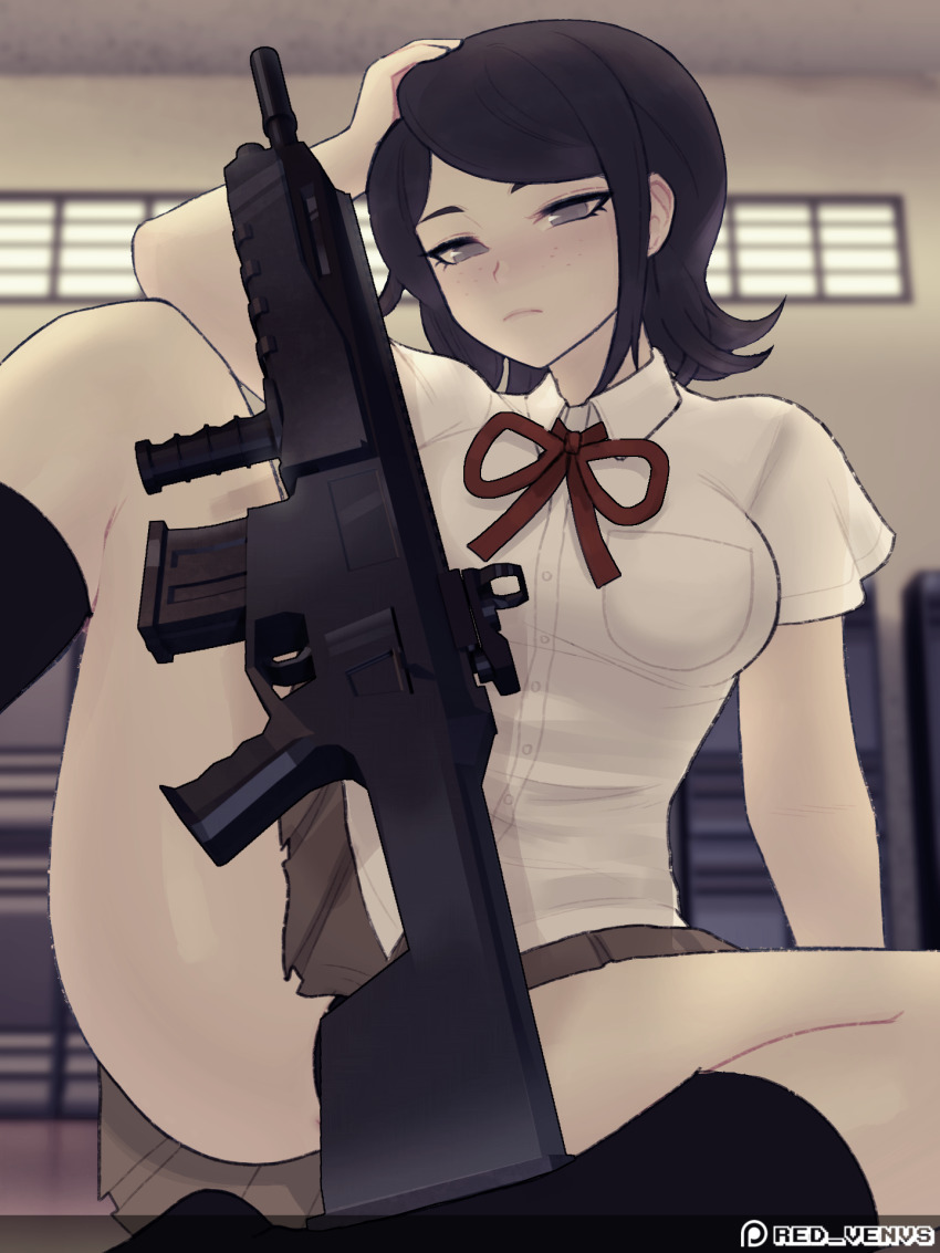 1girls, assault rifle, bedroom eyes, black hair, breasts, convenient censoring, danganronpa, danganronpa (series), danganronpa: trigger happy havoc, female, female focus, female only, firearm, fn scar, gloves, gun, headphones, laser sight, leg band, medium breasts, mukuro ikusaba, muscular, muscular female, nude, nude female, pussy, redvenus, rifle, scar-l, school uniform, schoolgirl, short hair, solo, straight hair, weapon