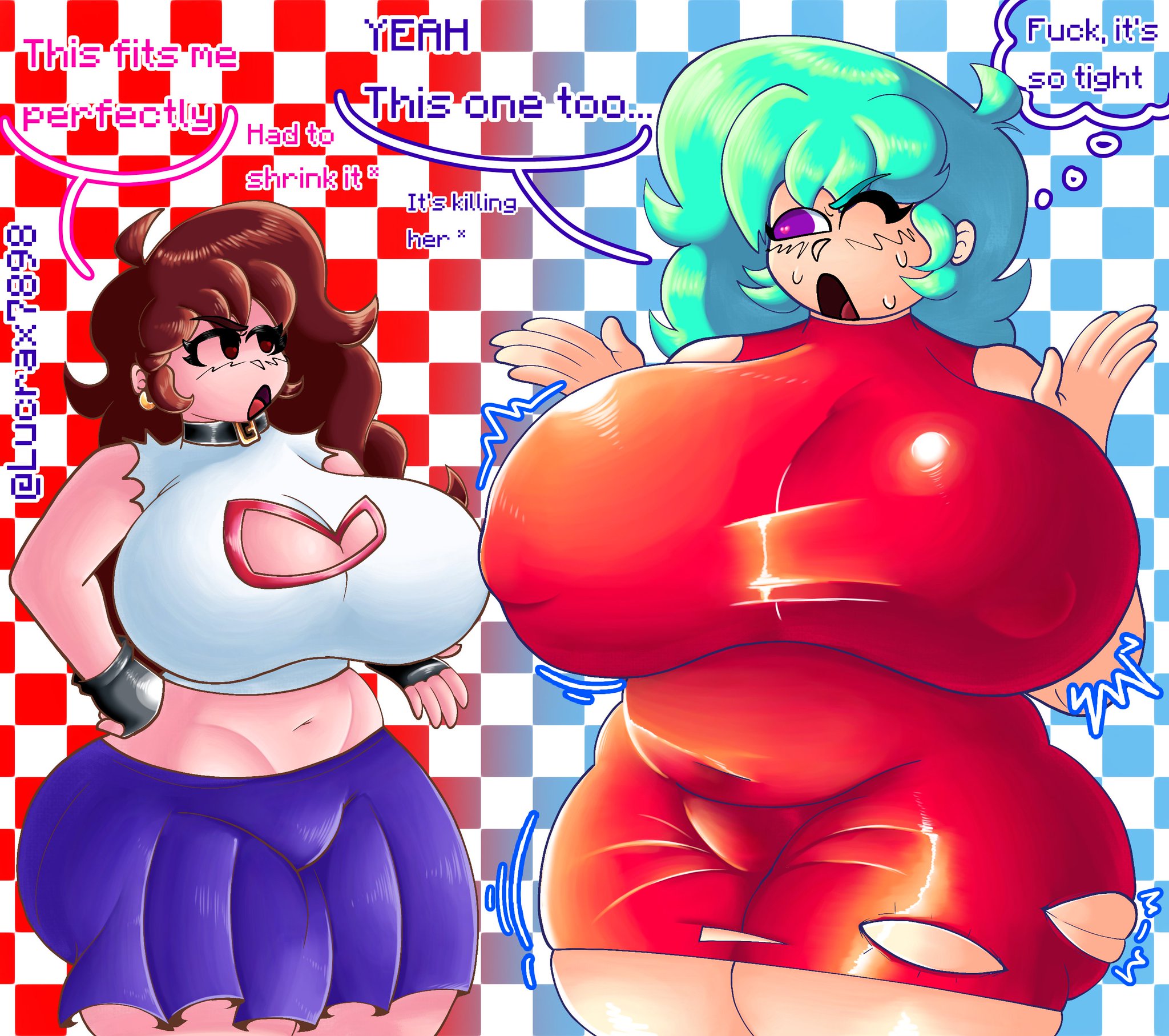 2girls, auburn hair, big ass, big breasts, blue hair, friday night funkin, friday night funkin mod, girlfriend (friday night funkin), heart-shaped pupils, huge ass, huge breasts, lucrax7898, skyblue, skyverse, swapped clothes, tagme, thick thighs