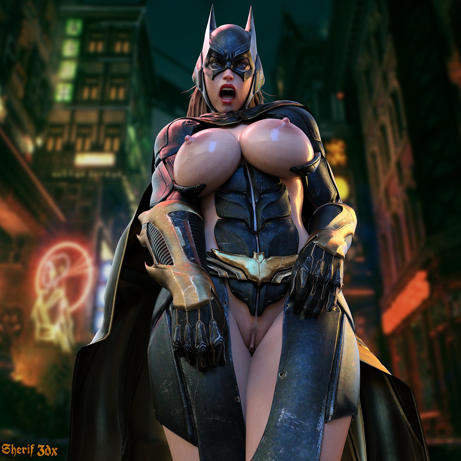 1girls, 3d, barbara gordon, batgirl, batgirl (arkham knight), batman (series), batman: arkham knight, breasts, dc, dc comics, female, female only, fit, fit female, looking at viewer, medium breasts, nipples, nordfantasy, partially clothed, partially nude, pussy, shaved pussy, solo, surprised