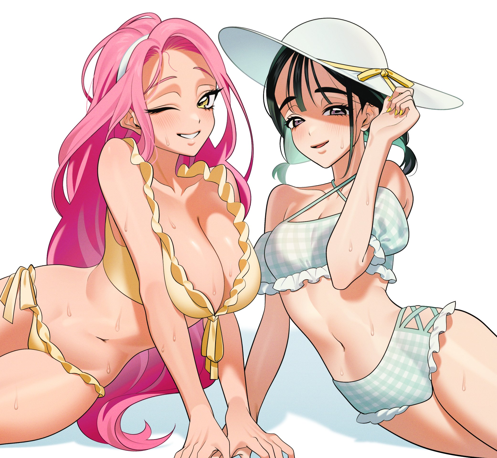 2girls, alien stage, artist request, bikini, black hair, blush, hair ornament, large breasts, light skin, light-skinned female, long hair, mizi (alien stage), nail polish, pale skin, pale-skinned female, pink hair, purple eyes, short hair, smile, sua (alien stage), sun hat, sweat, sweat on breasts, winking at viewer, yellow eyes, yellow nails