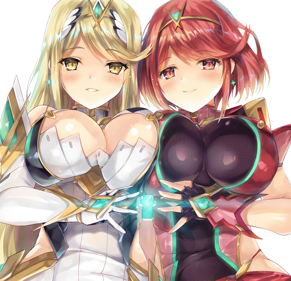 2girls armor bare_shoulders blonde_hair blush breast_squeeze breasts cleavage commentary_request crystal earrings fingerless_gloves glint gloves inoue_takuya_(pixiv_99697) jewelry large_breasts long_hair looking_at_viewer multiple_girls mythra_(xenoblade) nintendo parted_lips pyra_(xenoblade) red_eyes red_hair seductive_smile shiny shiny_hair short_hair shoulder_pads sidelocks smile tiara upper_body white_background xenoblade_(series) xenoblade_chronicles_2 yellow_eyes