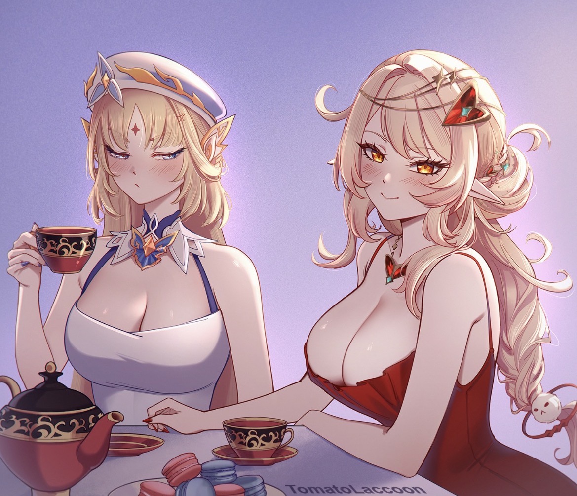 :), 2girls, alice (genshin impact), bangs, big breasts, blonde hair, braided hair, braided ponytail, breast envy, busty, busty female, cleavage, cleavage overflow, female/female, genshin impact, hat, lesbian, long ears, long hair, long ponytail, looking at breasts, nicole reeyn (genshin impact), ponytail, red dress, sleeveless dress, staring at breasts, tea, teacup, white dress, yuri