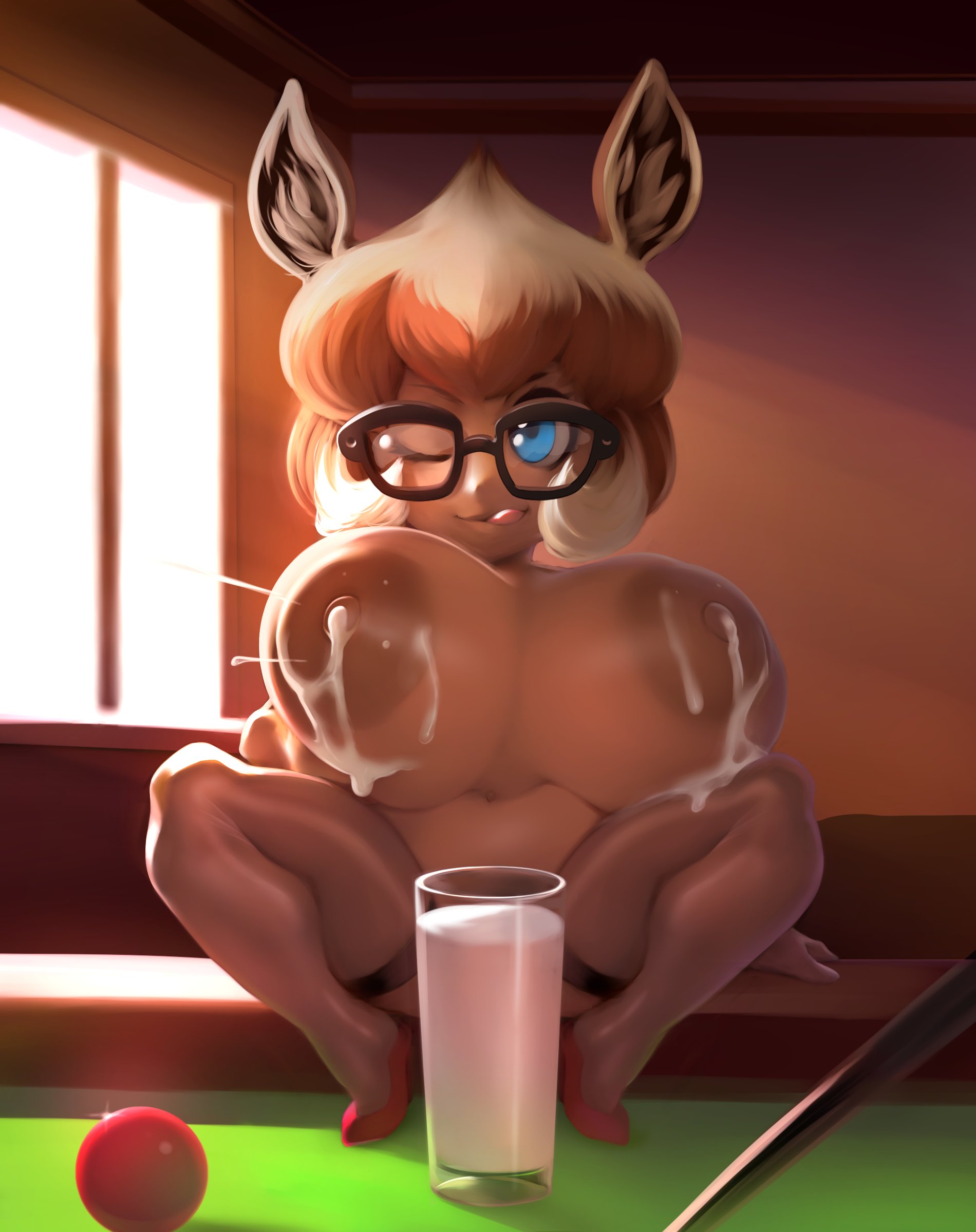 1girls, alternate version at source, alternate version available, animal ears, anthro, big breasts, blue eyes, breasts, cup, dark skin, dark-skinned female, dixie (hazardburn), female, female only, glass, glass of milk, glasses, lactation, large breasts, milk, original, original character, plantpenetrator, pussy, short hair, shortstack, tongue, wink