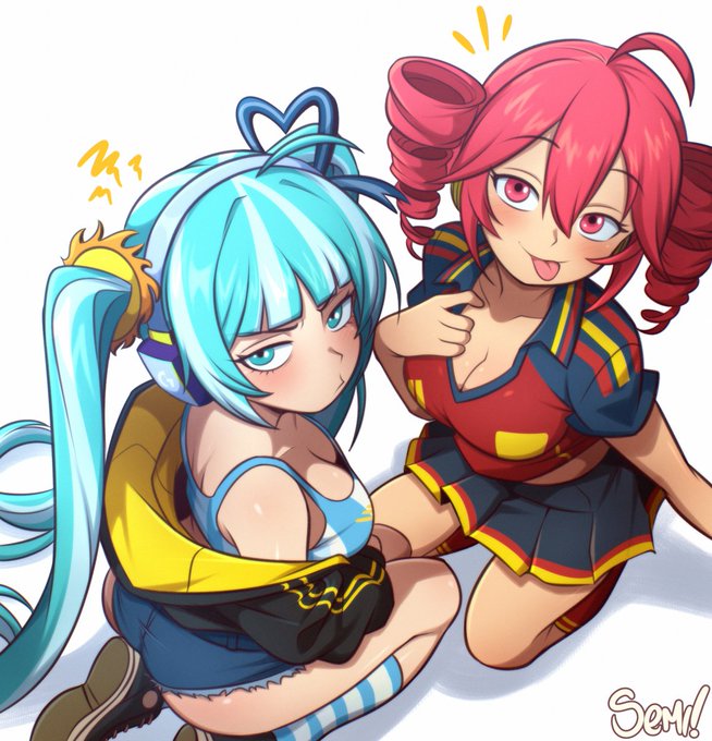 2girls, argentina, argentinian miku, blue hair, booty shorts, female, hatsune miku, kasane teto, looking at viewer, red hair, semidraws, sfw, spain, tagme, twintails, vocaloid