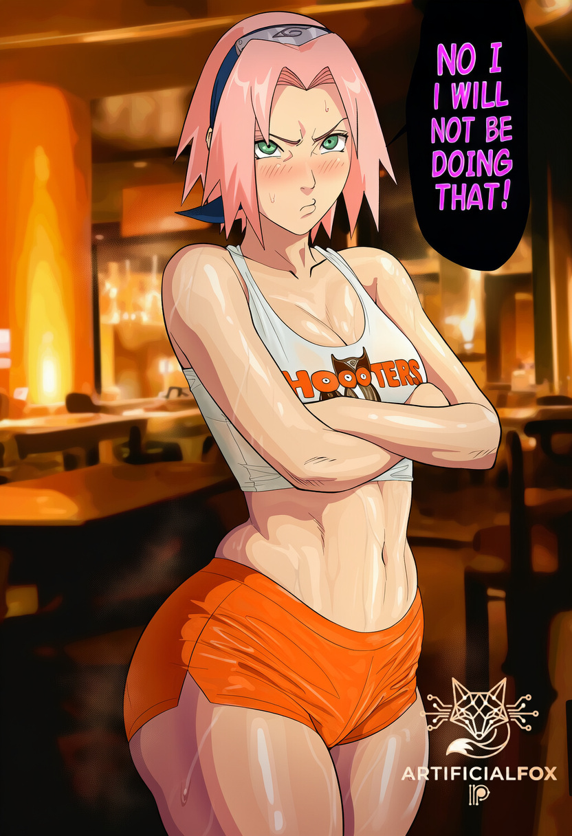 1girl, ai generated, artificialfox, blush, breasts, crossed arms, female, female only, green eyes, indoors, naruto (series), navel, pink hair, sakura haruno, short hair, shorts, solo, sweat
