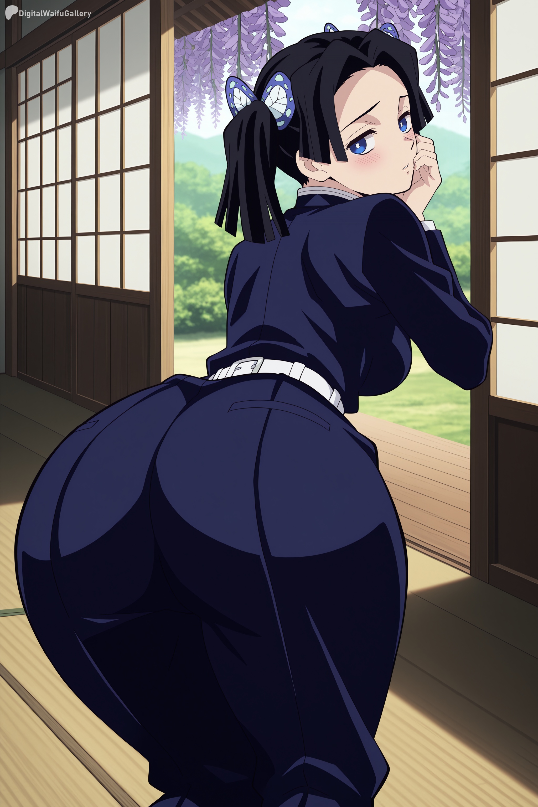 1girl, ai generated, ass, ass focus, belt, black hair, blue eyes, blush, breasts, butterfly hair ornament, closed mouth, demon slayer, demon slayer uniform, digitalwaifugallery, flower, from behind, hair ornament, hi res, high quality, high resolution, huge ass, indoors, japanese clothes, kanzaki aoi (kimetsu no yaiba), long sleeves, looking at viewer, looking back, pants, patreon, patreon logo, patreon username, seductive, sexy, sliding doors, solo, tatami, twintails, uncensored, watermark