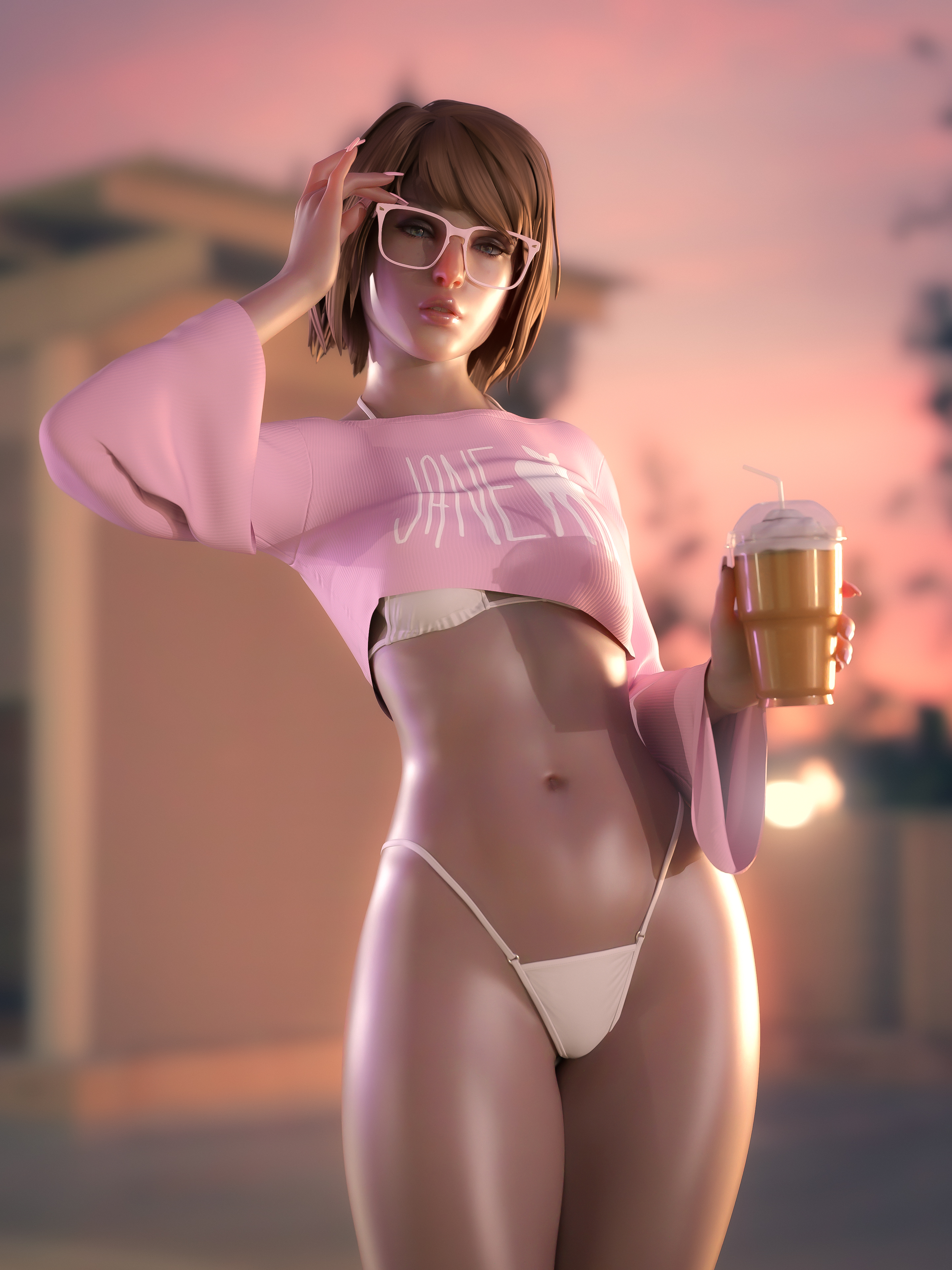 1girls, 3d, bikini, bikini bottom, brown hair, brown haired female, brown-haired, brown-haired female, brunette, brunette female, coffee, coffee cup, english text, female, female focus, female only, glasses, glossyheat, grand theft auto, grand theft auto vi, gta vi cover girl, life is strange, light skin, light skinned, light skinned female, light-skinned, light-skinned female, long nails, looking at viewer, max caulfield, maxine caulfield, nail polish, only female, only girl, only woman, outside, pink nail polish, pink shirt, shirt, short hair, short hair female, short-hair, short-haired female, solo, solo female, solo focus, swimsuit, teacher, teen, teen female, teen girl, teenage female, teenage girl, teenager, text on clothing, text on shirt, text on topwear, thighs, trend, white bikini, white bikini bottom, young female, young girl, young woman