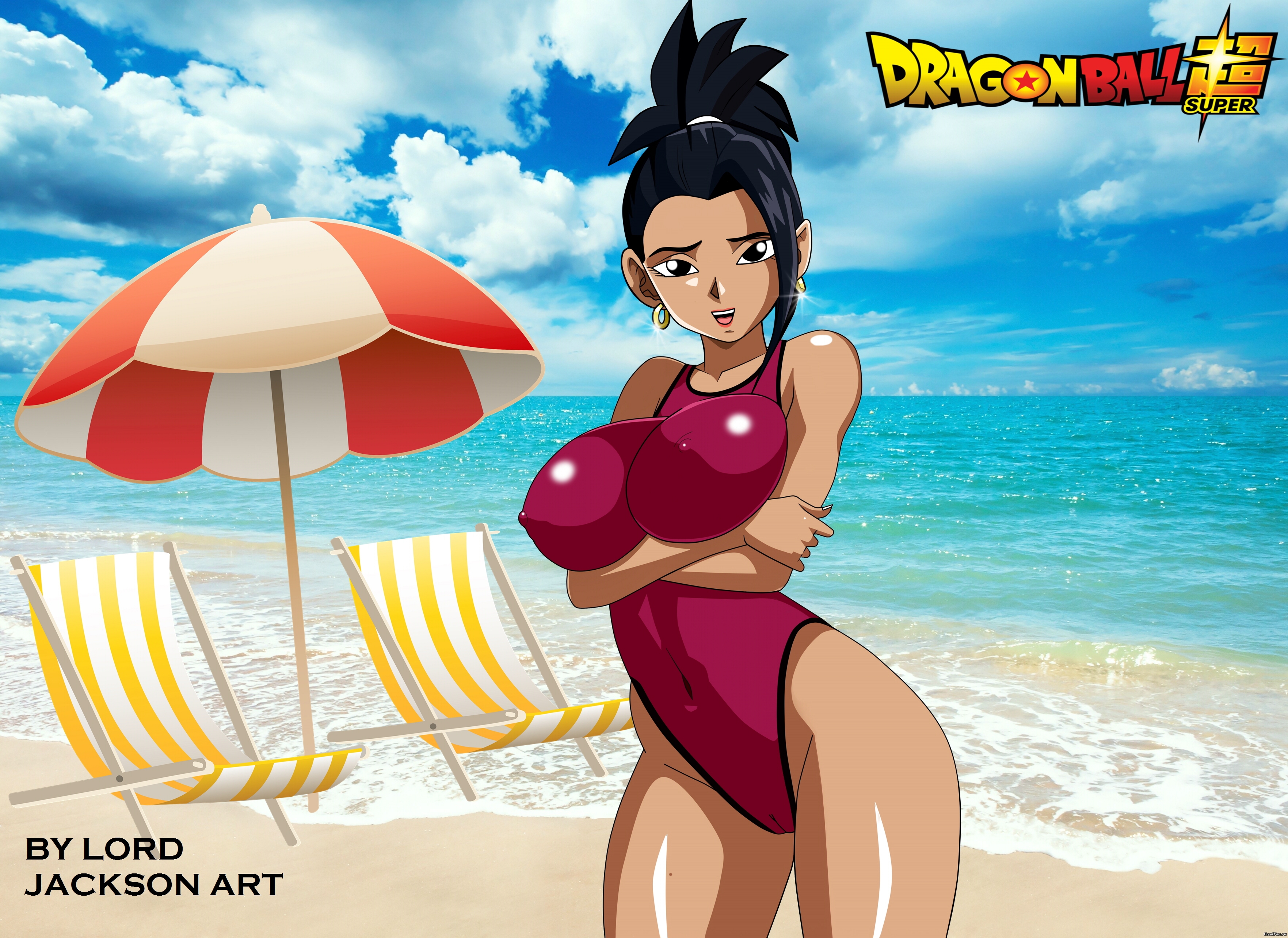 big breasts, black hair, breasts, dragon ball, dragon ball super, female, female only, kale, long hair, lord jackson art, saiyan, solo, solo female, solo focus, swimsuit