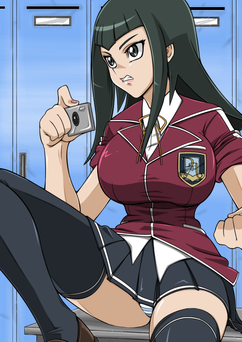 1girls alternate_breast_size alternate_costume annoyed_expression big_breasts black_hair breasts camera carly_carmine carly_nagisa clenched_hand female female_only large_breasts locker_room long_hair panties school_uniform simple_background skirt solo straw_(artist) striped_panties thighhighs thighs underwear upskirt yu-gi-oh! yu-gi-oh!_5d's