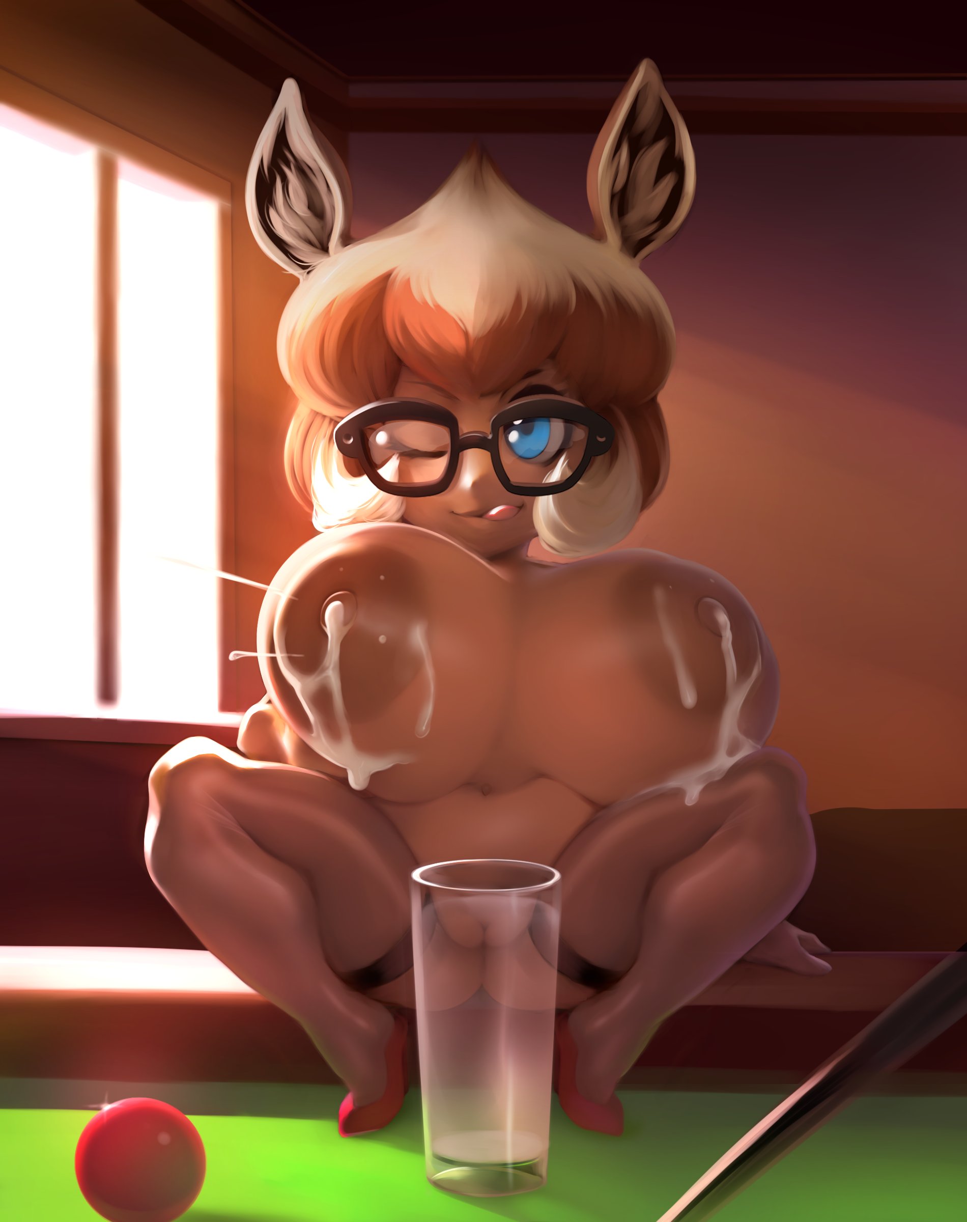 1girls, alternate version at source, alternate version available, animal ears, anthro, big breasts, blue eyes, breasts, dark skin, dark-skinned female, dixie (hazardburn), female, female only, glass, glasses, lactation, large breasts, original, original character, plantpenetrator, pussy, short hair, shortstack, tongue, wink