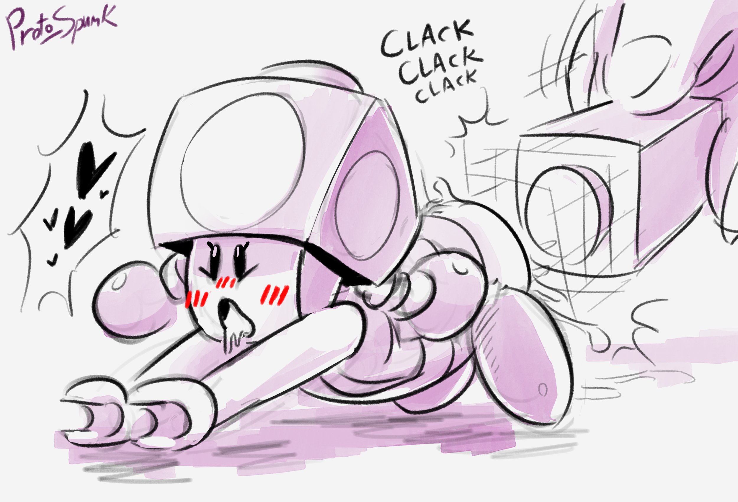 1girls, 1other, 2020, ambiguous gender, anthro, artist name, bent over, blush, drooling, female, female focus, fingers, highres, lego, lego super mario, mario (series), micro female, nintendo, offscreen character, onomatopoeia, proto spunk, pussy, pussy juice, saliva, sexually suggestive, simple background, sound effects, toadette