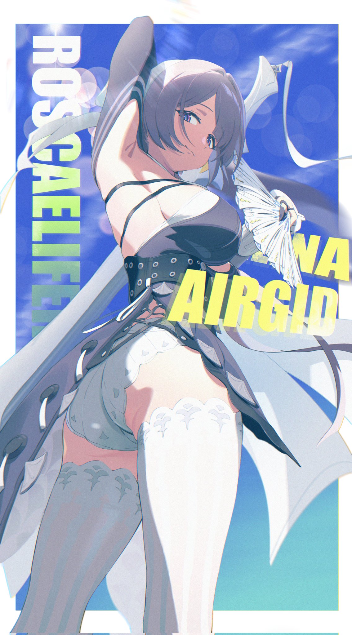 1girls, ass, ass focus, big breasts, breasts, female, hoyoverse, large breasts, long hair, mature female, mihoyo, panties, pantyshot, pantyshot (standing), purple eyes, sideboob, thighhighs, underwear, upskirt, velina (zenless zone zero), velina airgid, white hair, white panties, white thighhighs, white underwear, zenless zone zero