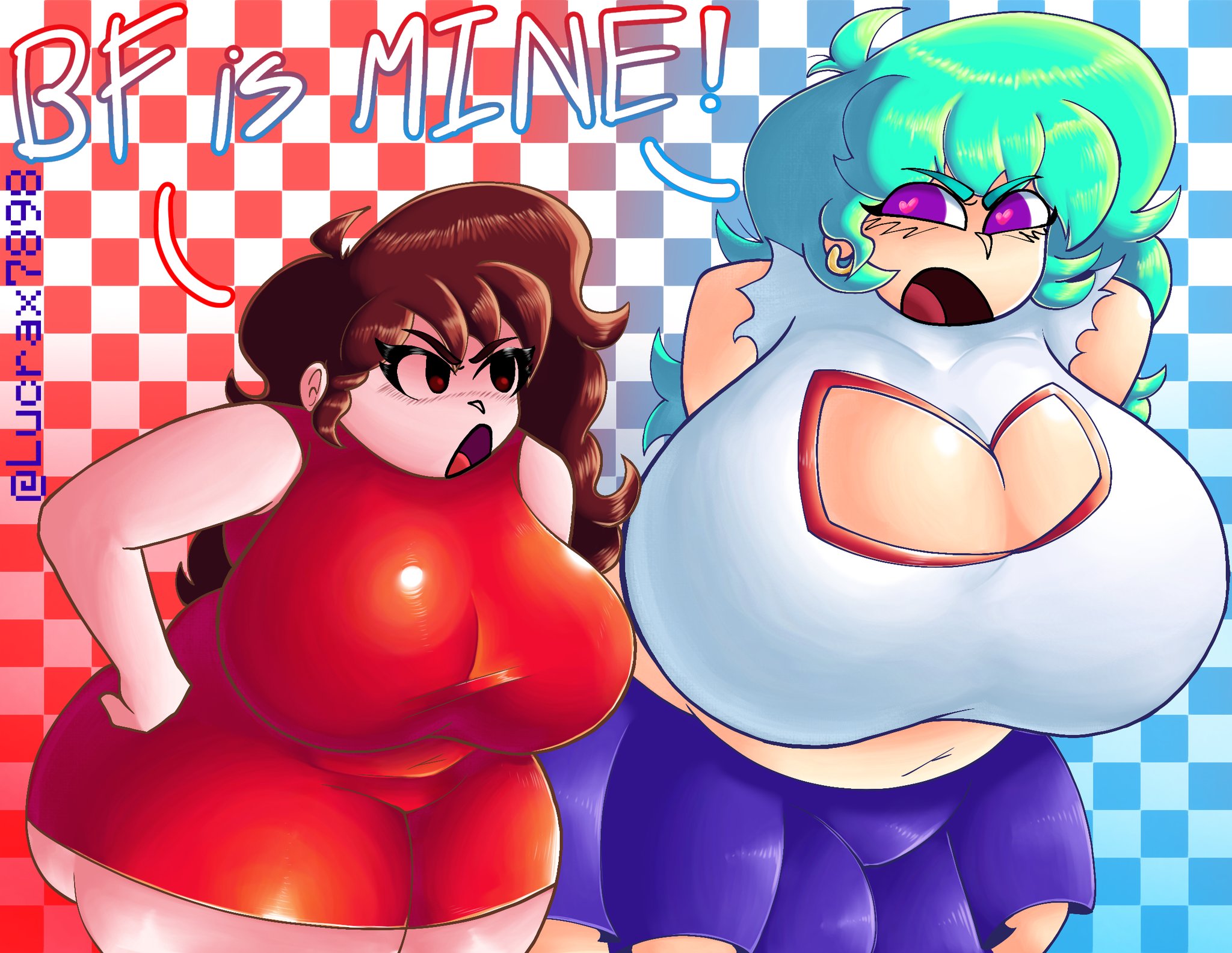 2girls, auburn hair, big ass, big breasts, blue hair, friday night funkin, friday night funkin mod, girlfriend (friday night funkin), heart-shaped pupils, huge ass, huge breasts, lucrax7898, skyblue, skyverse, tagme, thick thighs