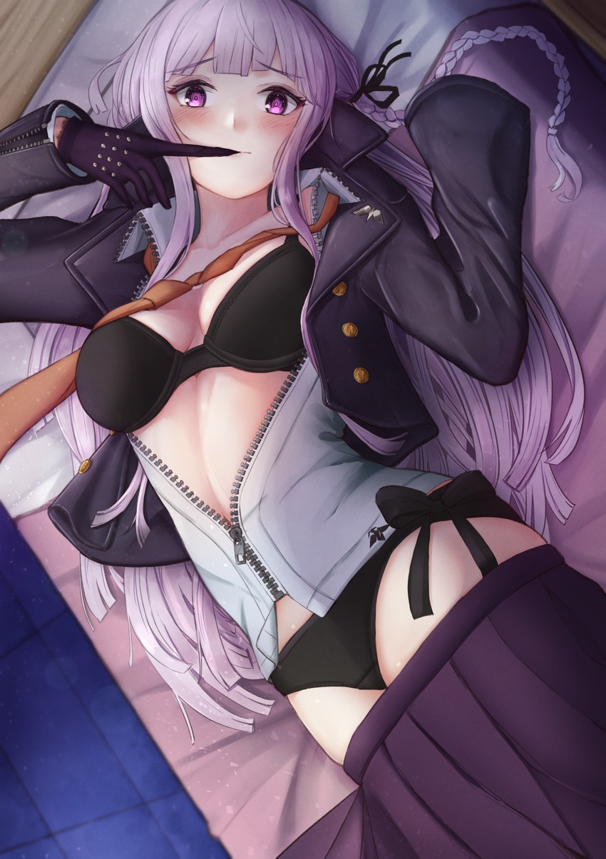 1girls 2020 bed bedroom black_bra black_panties bra braid breasts danganronpa danganronpa:_trigger_happy_havoc danganronpa_1 female female_only gloves highres indoors ippers jacket kirigiri_kyouko light-skinned_female light_purple_hair light_skin long_hair looking_at_viewer lying_down lying_on_bed open_clothes open_jacket orange_neckwear panties purple_eyes purple_hair skirt skirt_removed solo straight_hair underwear unzipped_jacket violet_eyes violet_hair zipper zipper_pull_tab