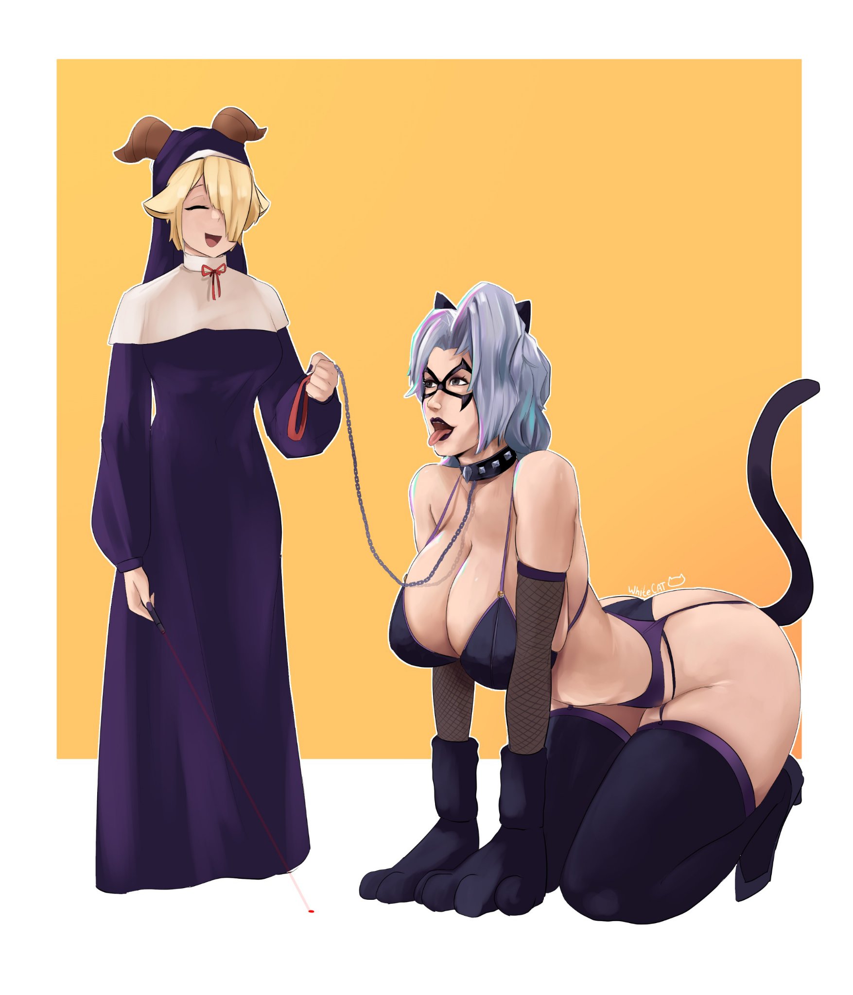 2026, 2d, 2girls, apps (character), artist request, big breasts, black cat (marvel rivals), black cat (marvel), black lingerie, black panties, black thighhighs, blonde female, blonde hair, cat ears, cat gloves, cat tail, catgirl, clothed, crossover, felicia hardy, female, female dominated, fully clothed, goat girl, hd, hero, heroine, leash, leash and collar, leashed collar, lesbian, lingerie, marvel, marvel comics, marvel rivals, mask, masked female, nun, nun outfit, nun's habit, only female, petplay, plug (sex toy), spider-man (series), submissive, submissive female, tail plug, tongue out, yuri
