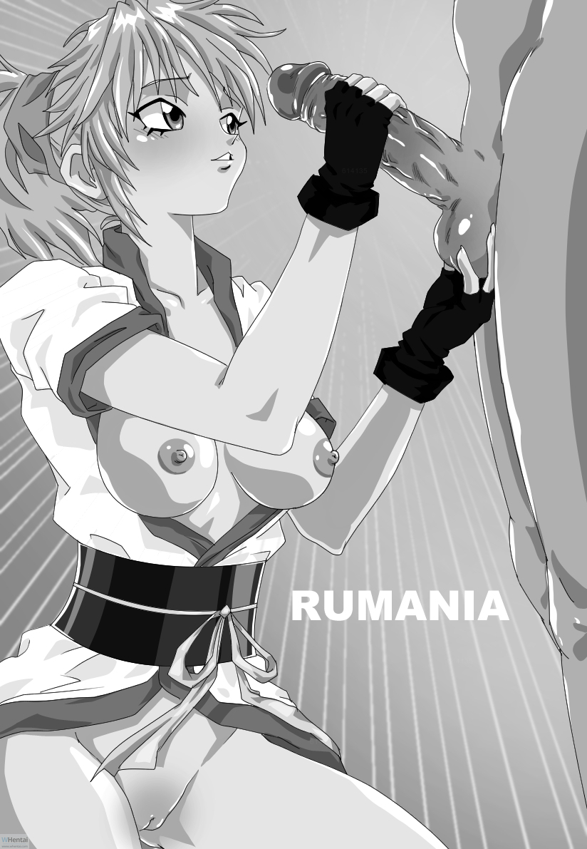 1boy 1girls breasts female handjob human hunter_x_hunter large_breasts long_hair machi_komacine male monochrome partially_clothed penis phantom_troupe rumania shounen_jump villainess