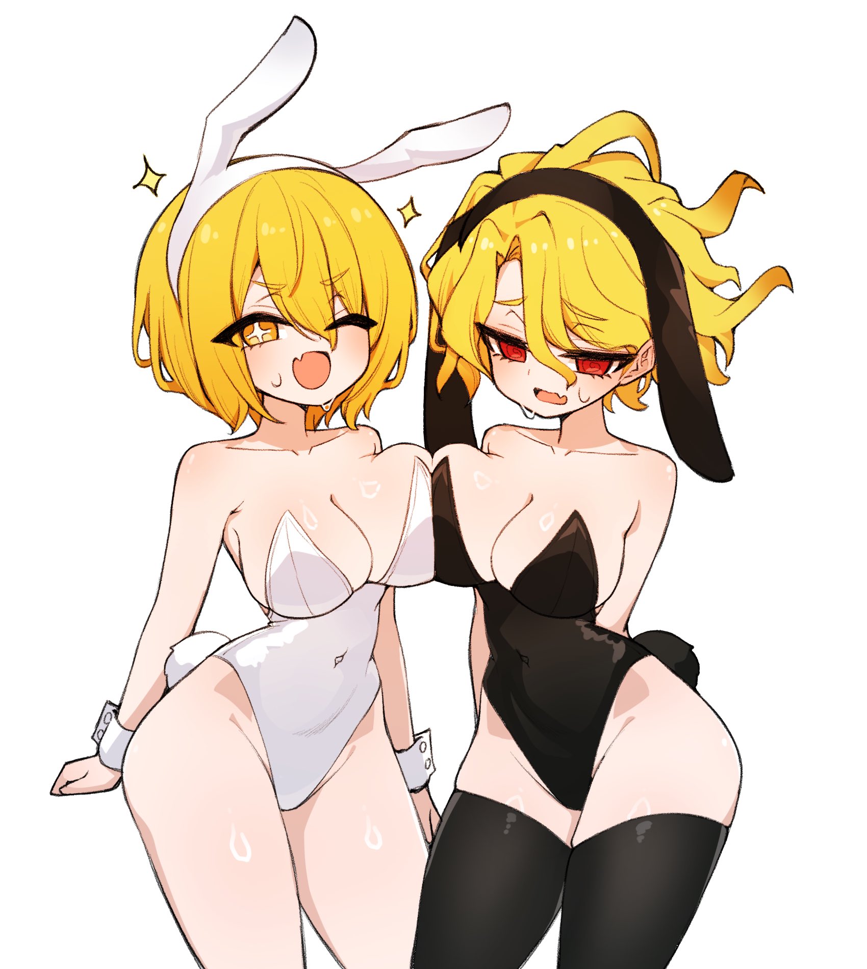 2girls, animal ear hairband, animal ears, black leotard, black thighhighs, blonde hair, breast press, breasts, bunny ears, bunny tail, bunnysuit, cleavage, covered navel, don quixote (limbus company), fake animal ears, fake tail, fang, hairband, highleg, highleg leotard, highres, large breasts, leotard, limbus company, multiple girls, one eye closed, open mouth, playboy bunny, project moon, rabbit ear hairband, rabbit ears, rabbit tail, red eyes, sancho (limbus company), short hair, simple background, skin fang, smile, sparkle, star (symbol), star-shaped pupils, strapless, strapless leotard, sweat, symbol-shaped pupils, symmetrical docking, tail, thighhighs, wavy hair, white background, white leotard, white wrist cuffs, wrist cuffs, yellow eyes