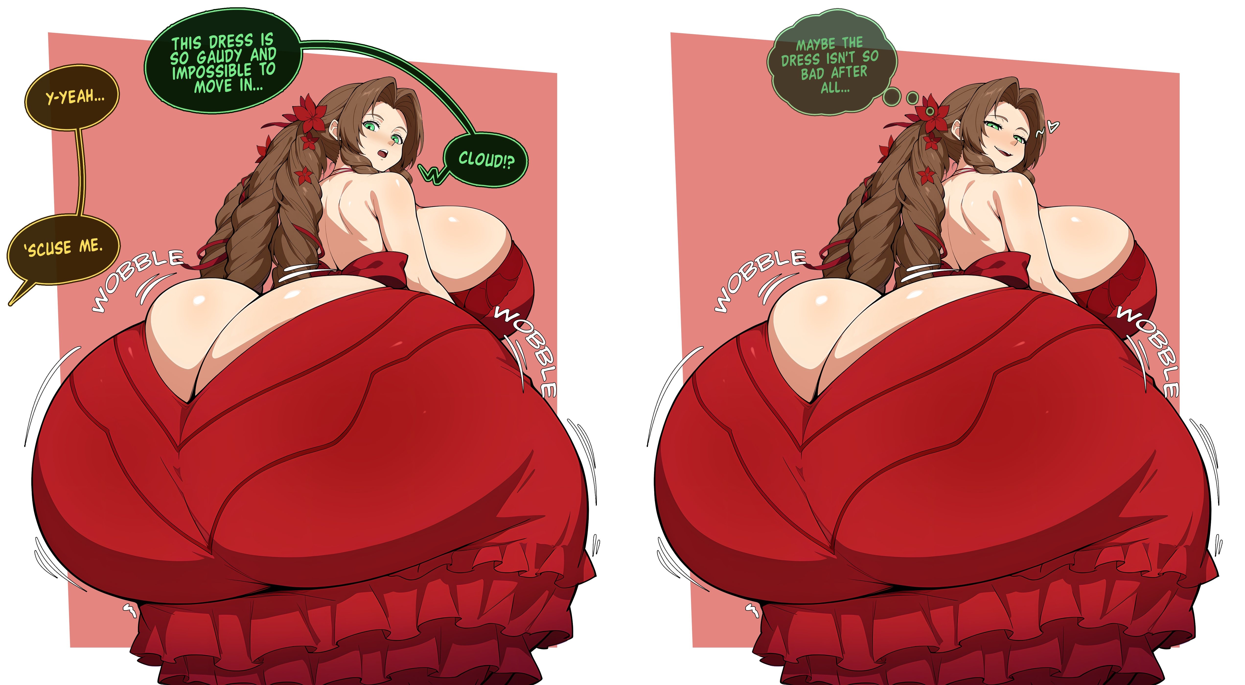1girls, aerith gainsborough, ai assisted, ass, ass cleavage, ass crack, ass focus, ass window, barely contained ass, barely contained breasts, big ass, big breasts, boots, brown hair, butt crack, dumptruck ass, fancy clothing, final fantasy, final fantasy vii, final fantasy vii remake, green eyes, huge ass, huge breasts, massive ass, monkechrome, pawg, praise, red dress, smug, smug expression, smug face, smug grin, smug smile, teasing, tits, wobble, wobbling ass