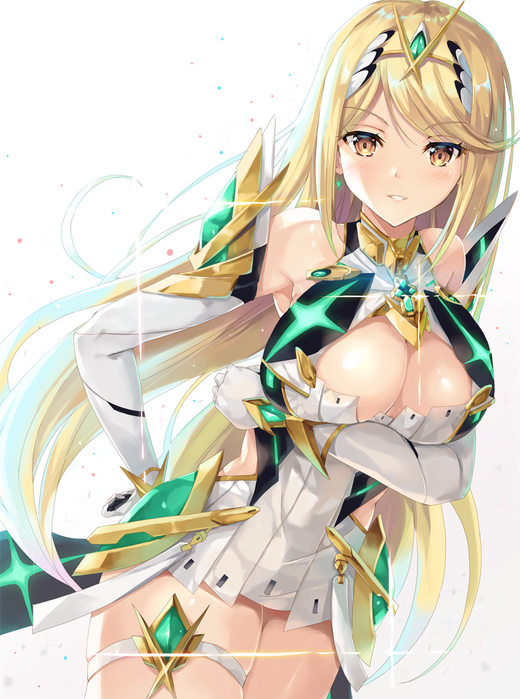 armor bangs bare_shoulders blonde_hair breasts cleavage cleavage_cutout dress earrings elbow_gloves female fully_clothed gem gloves glowing gradient gradient_background grey_background hair_ornament headpiece hinot inoue_takuya_(pixiv_99697) jewelry large_breasts long_hair looking_at_viewer mythra_(xenoblade) nintendo smile solo standing swept_bangs teeth tiara very_long_hair white_background white_dress xenoblade_(series) xenoblade_chronicles_2 yellow_eyes