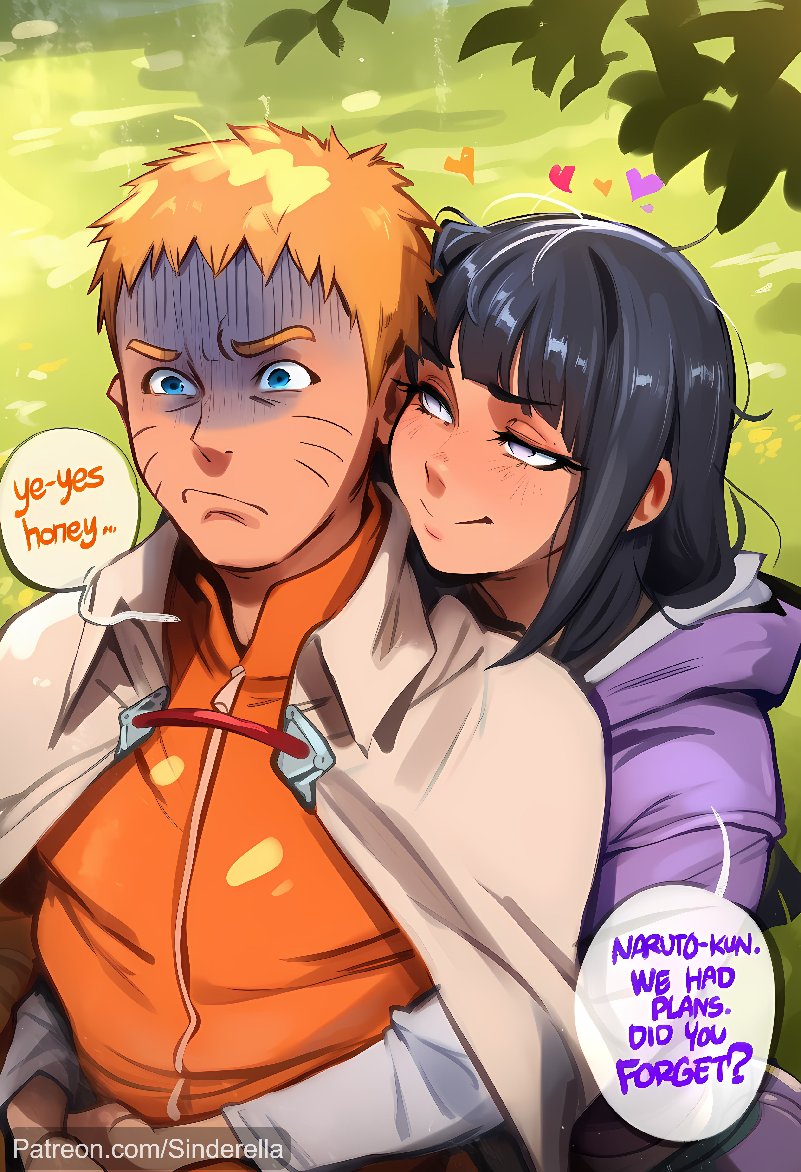 1boy, 1girls, ai generated, back hug, black hair, blonde hair, blue eyes, blushing, boruto, boruto: naruto next generations, canon couple, cheek to cheek, cloak, close up, couple, day, embarrassed, embrace, flustered, hoodie, hug, husband and wife, hyuuga hinata, looking at another, married couple, naruto (series), orange jacket, outdoors, romantic, short hair, shy, sinderellaart, smile, speech bubble, trees, uzumaki hinata, uzumaki naruto, whisker marks