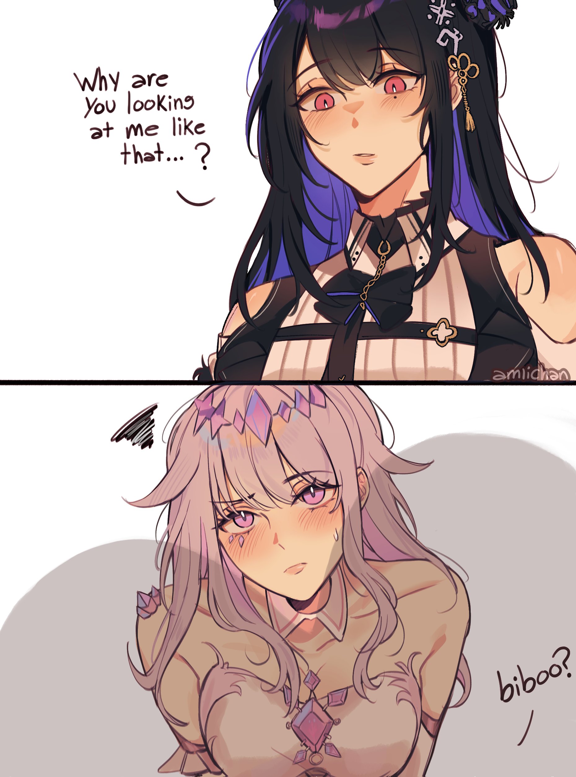 2girls, amlichan, blush, breast envy, breast shadow, character name, comic, english text, height difference, hololive, hololive english, koseki bijou, looking at breasts, mole, mole under eye, multiple girls, nerissa ravencroft, shadow, simple background, squiggle, sweatdrop, virtual youtuber, white background