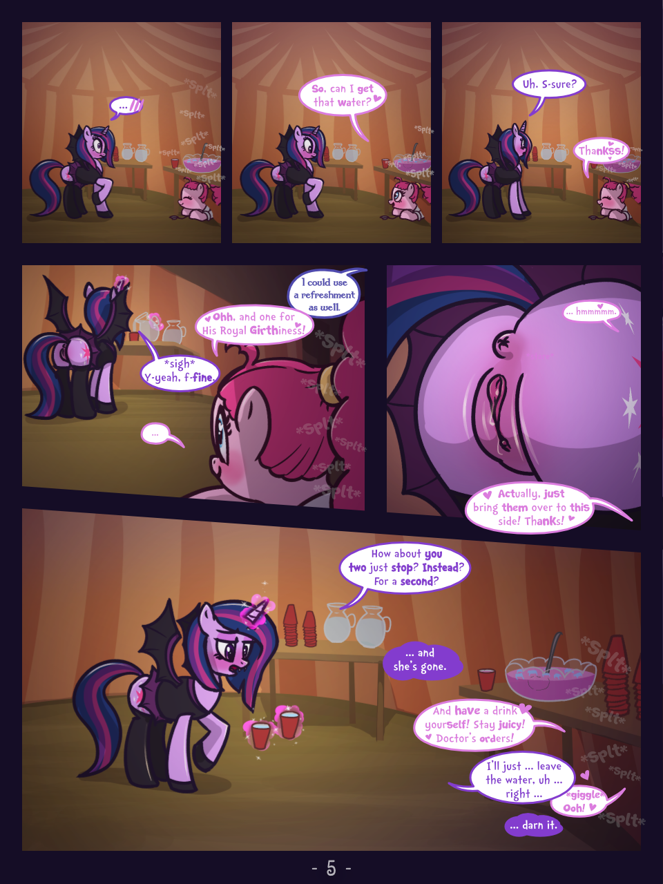 3:4 anus ass comic cup dialogue duo english_text equid female feral friendship_is_magic furry genitals hi_res magic mammal my_little_pony page_5 pinkie_pie_(mlp) pussy syoee_b telekinesis text twilight_sparkle_(mlp)