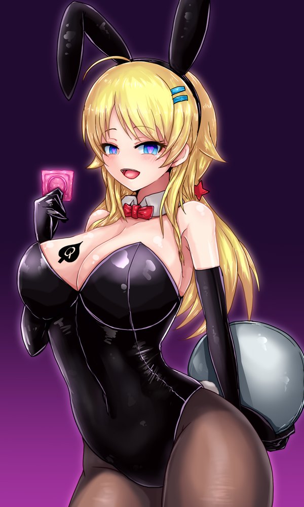 1girls blonde_hair bunny_ears bunny_girl bunnysuit condom female heart-shaped_pupils large_breasts looking_at_viewer queen_of_spades solo tattoo waizzz00