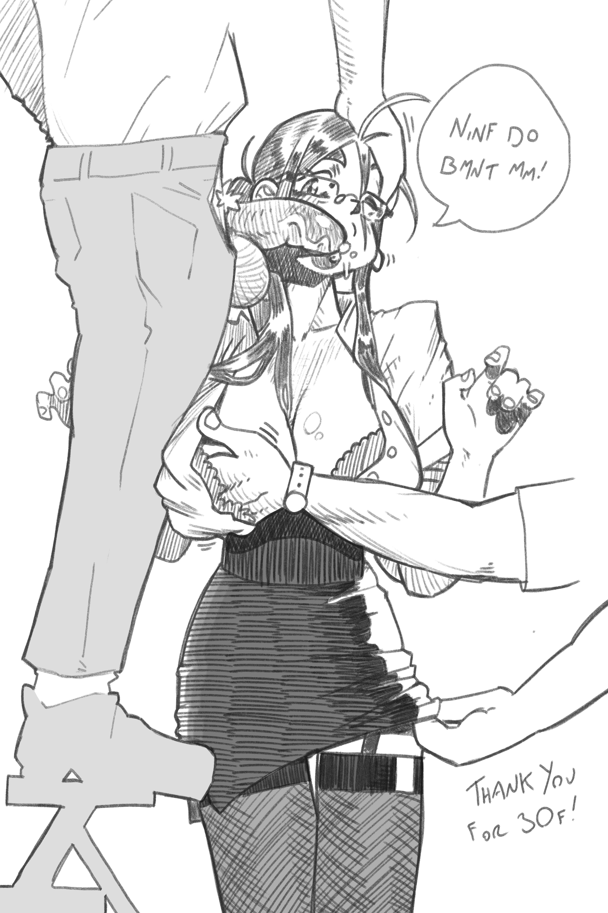 black and white, black hair, fellatio, glasses, groping breasts, hand on head blowjob, large breasts, office lady, pencil skirt, pxlfrug, skirt lift