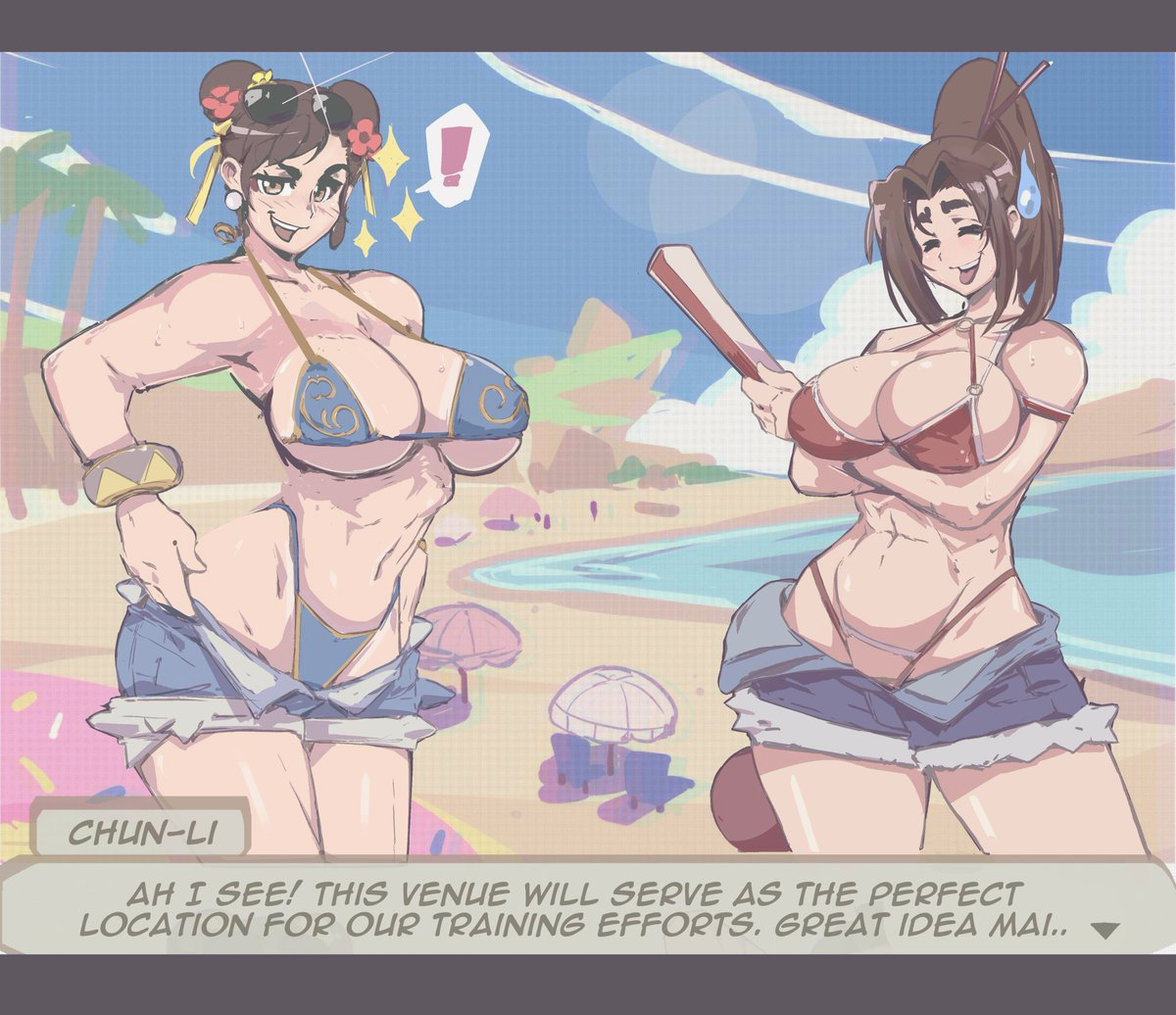 !, 2girls, 7 passes, abs, accessories, accessory, arms crossed under breasts, beach, beach background, beach umbrella, belly button, big breasts, bikini, bikini bottom, bikini top, blue bikini, blue sky, blush, blush lines, blushing, blushing at viewer, blushing female, bracelet, breasts, brown eyes, brunette female, brunette hair, capcom, chopsticks in hair, chun-li, chun-li (street fighter 6), crossover, dialogue, dialogue box, double bun, eyes closed, eyes open, fan, fatal fury, fit, fit female, flowers in hair, front view, green eyes, hair, hair buns, hair ornament, hand fan, king of fighters, large breasts, long hair, looking at viewer, mai shiranui, mai shiranui (street fighter 6), muscular arms, navel, nipple bulge, ocean, ocean background, open mouth, open pants, open shorts, pale skin, pale-skinned female, ponytail, pulling down pants, red bikini, short hair, short shorts, slim belly, slim body, slim waist, small belly, smiling, snk, sparkles, standing, street fighter, street fighter 6, sunglasses on head, sweat, sweatdrop, sweating, sweaty, sweaty body, swimwear, teeth, teeth showing, tongue, triangle bikini, upper teeth only, voluptuous, voluptuous female, white body, white female, wide hips, wide thighs